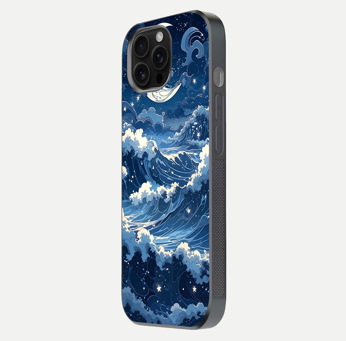 Ocean Moon Waves Glass Case for iPhone 16 Pro Max side-angle image showing shine and ocean gradient tones