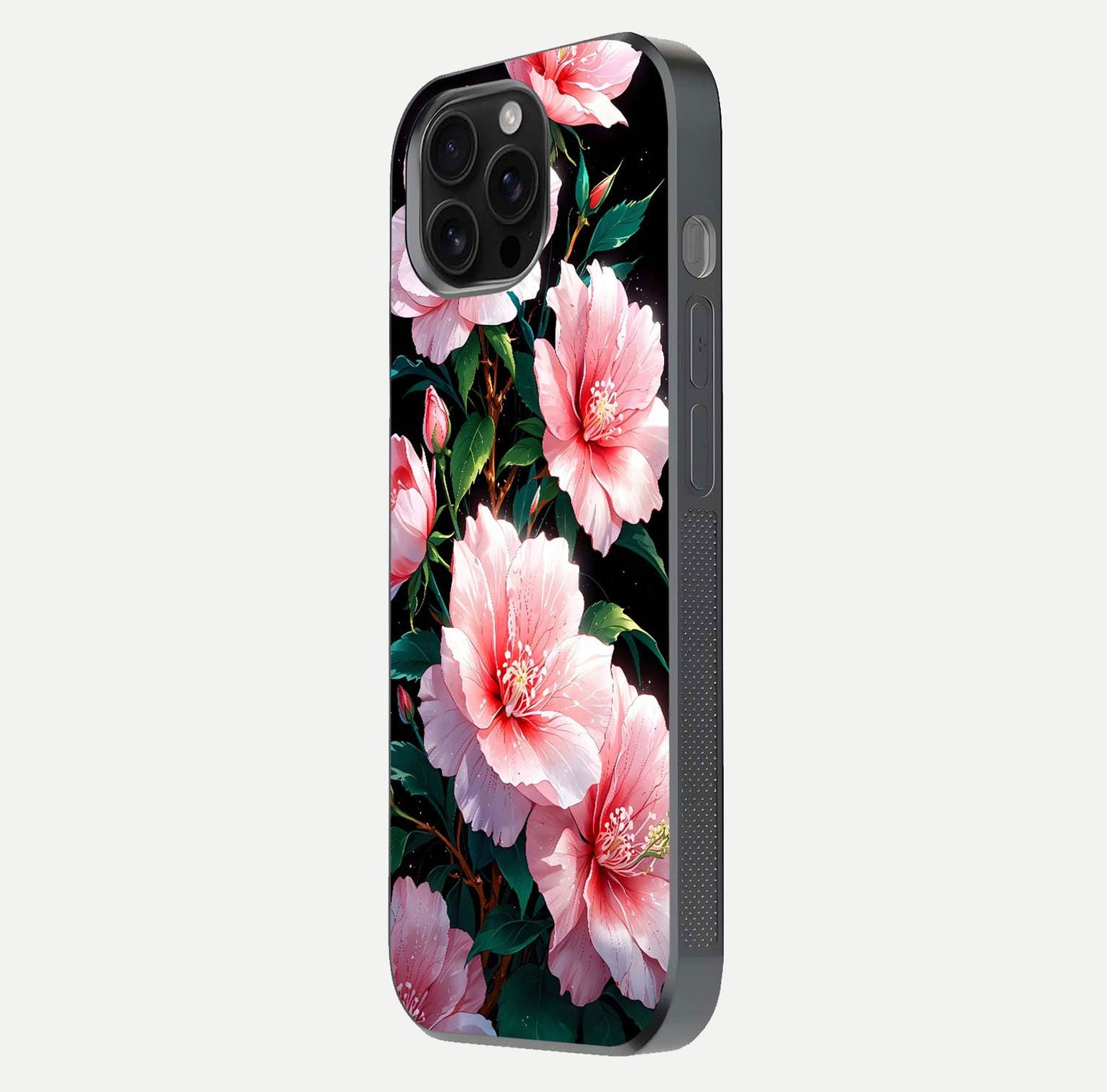 Peach Flower Glass Case for iPhone 16 Pro Max side-angle image showing gloss depth and peach blossom detail