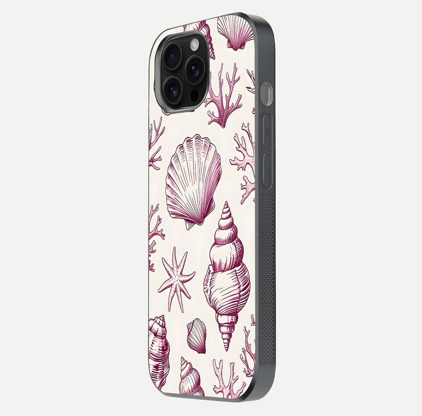 Pink Shells Outline Glass Case for iPhone 16 Pro Max side-angle image showing shine and intricate outline texture