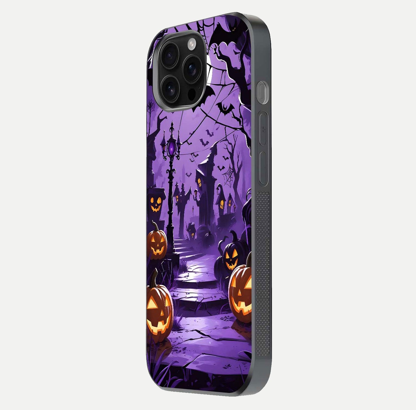 Pumpkin Patch Halloween Glass Case for iPhone 16 Pro Max side-angle image showing shine, camera cutout, and spooky art