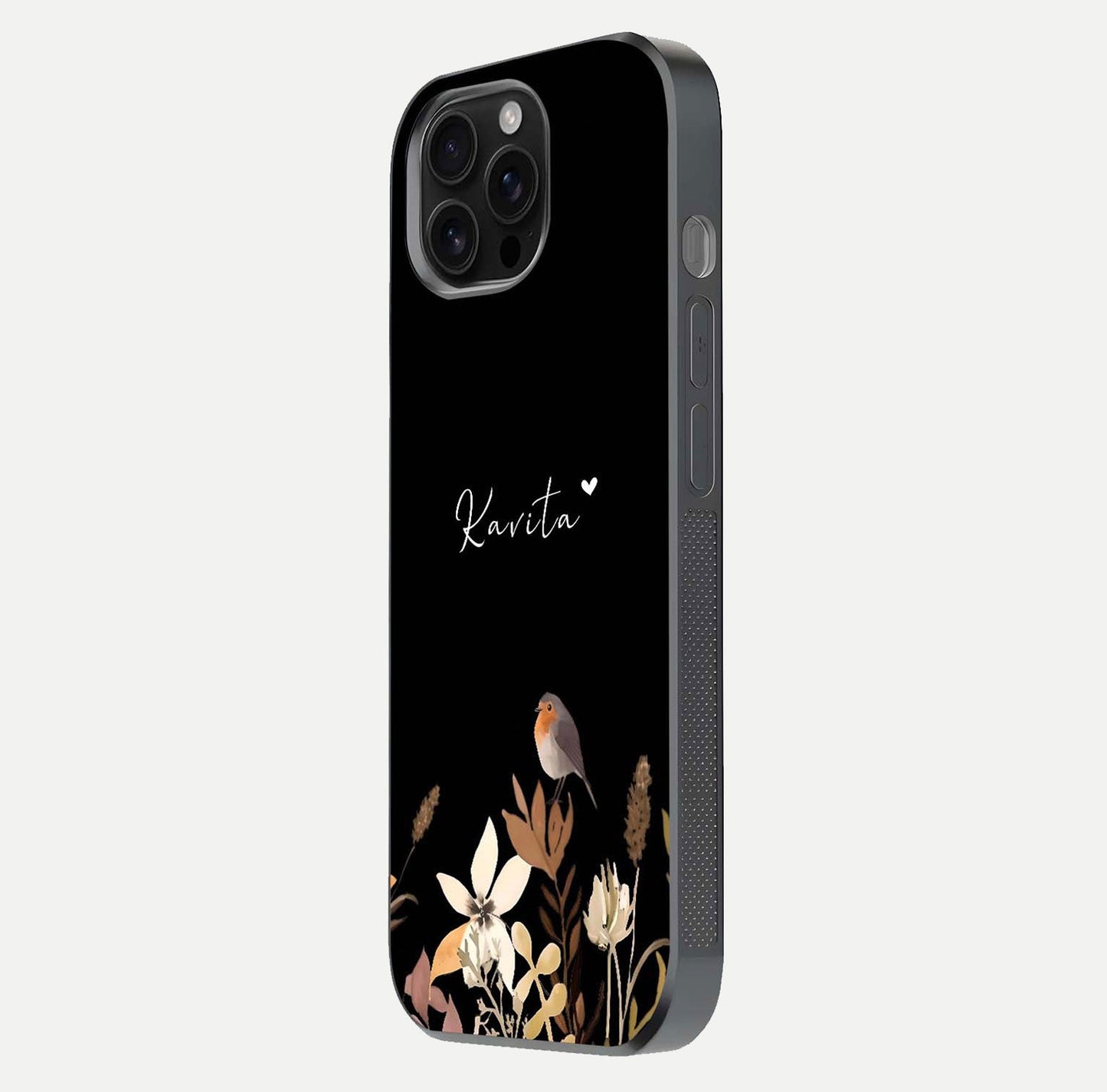 Quiet Garden Tune Custom Name Glass Case for iPhone 16 Pro Max side-angle image showing reflection and floral design