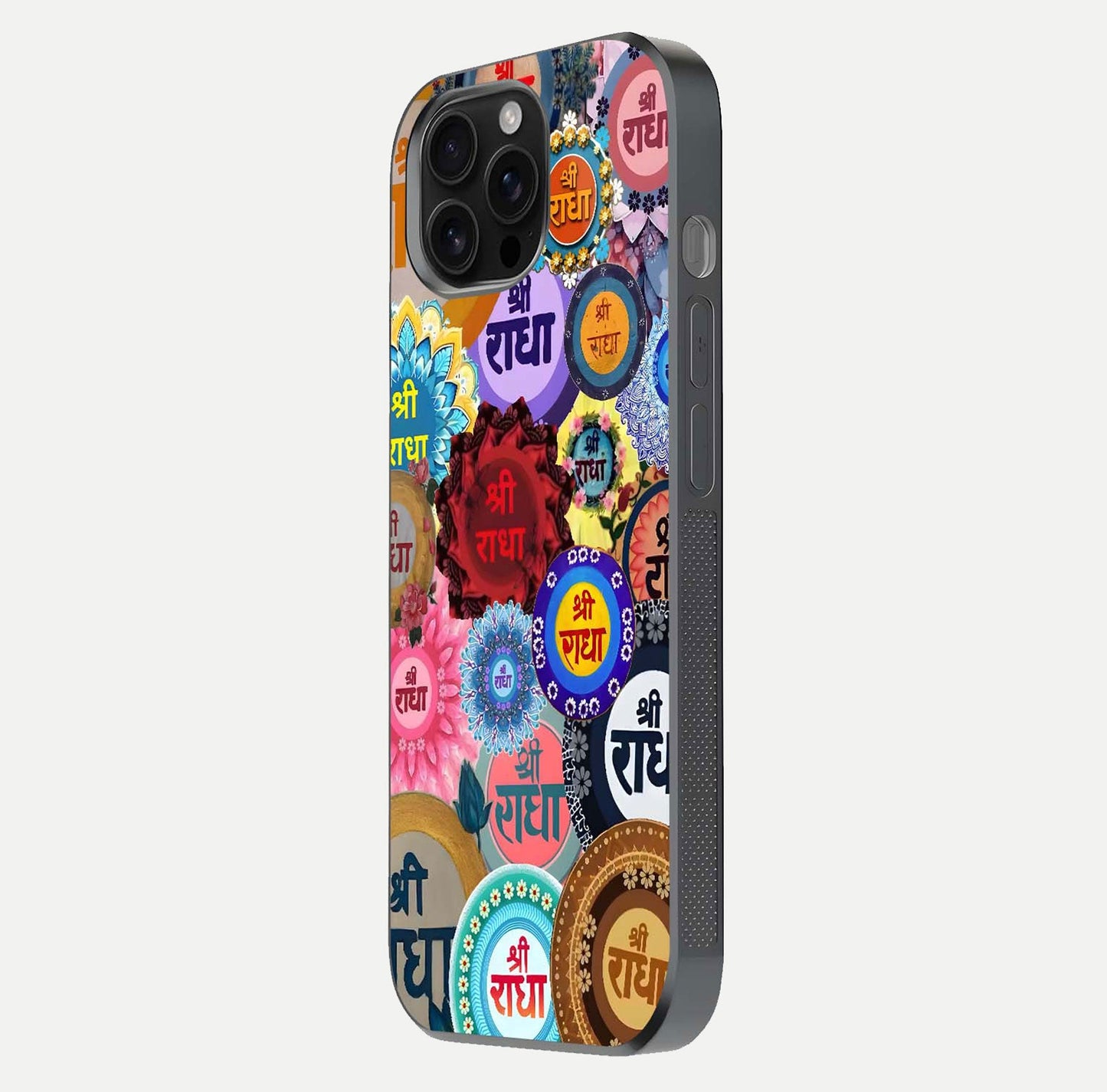 Radha Divine Bloom Glass Case for iPhone 16 Pro Max side-angle image showing shine, reflection, and floral motif