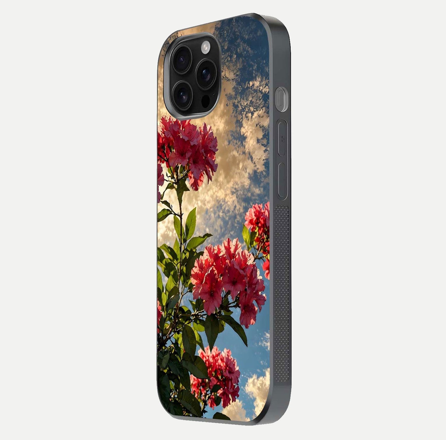 Red Bloom Skies Glass Case for iPhone 16 Pro Max side-angle image showing reflection, print clarity, and tone blend