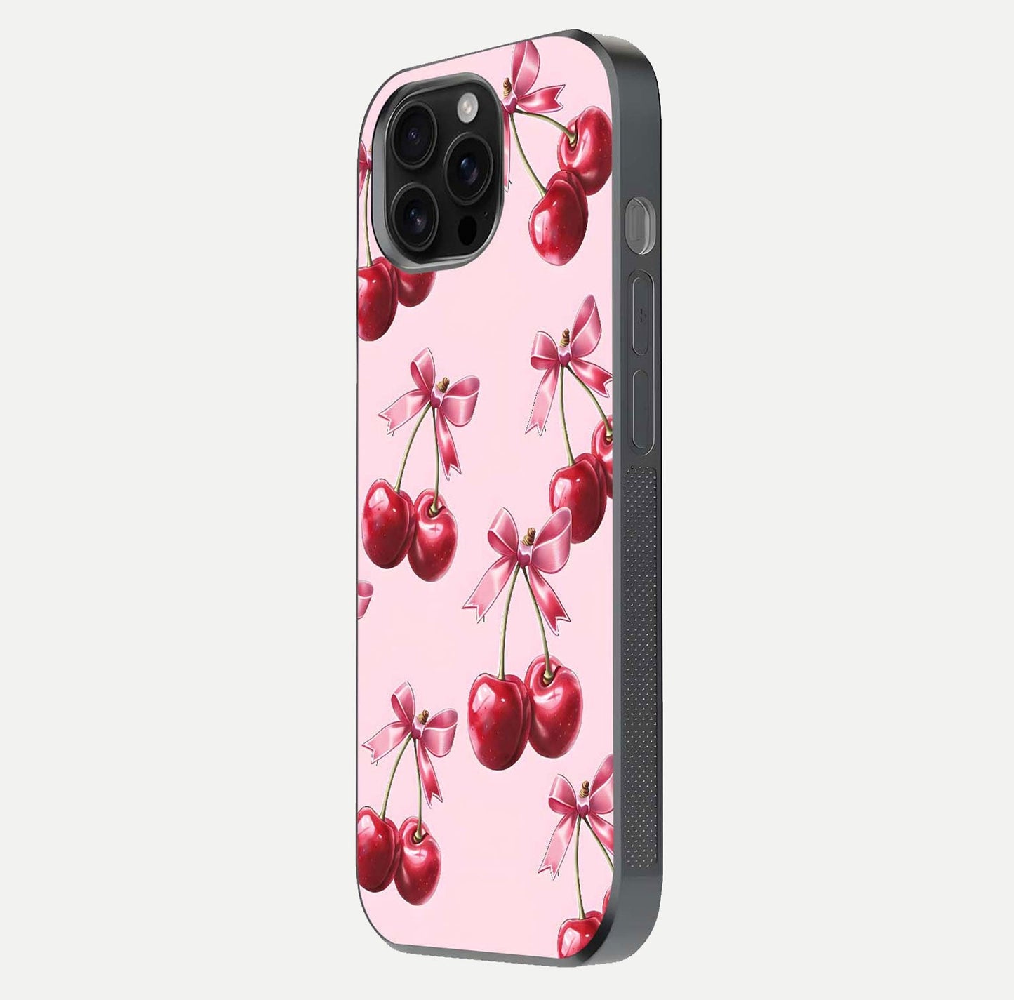 Red Cherries Pattern Glass Case for iPhone 16 Pro Max side-angle image showing gloss surface and cherry details
