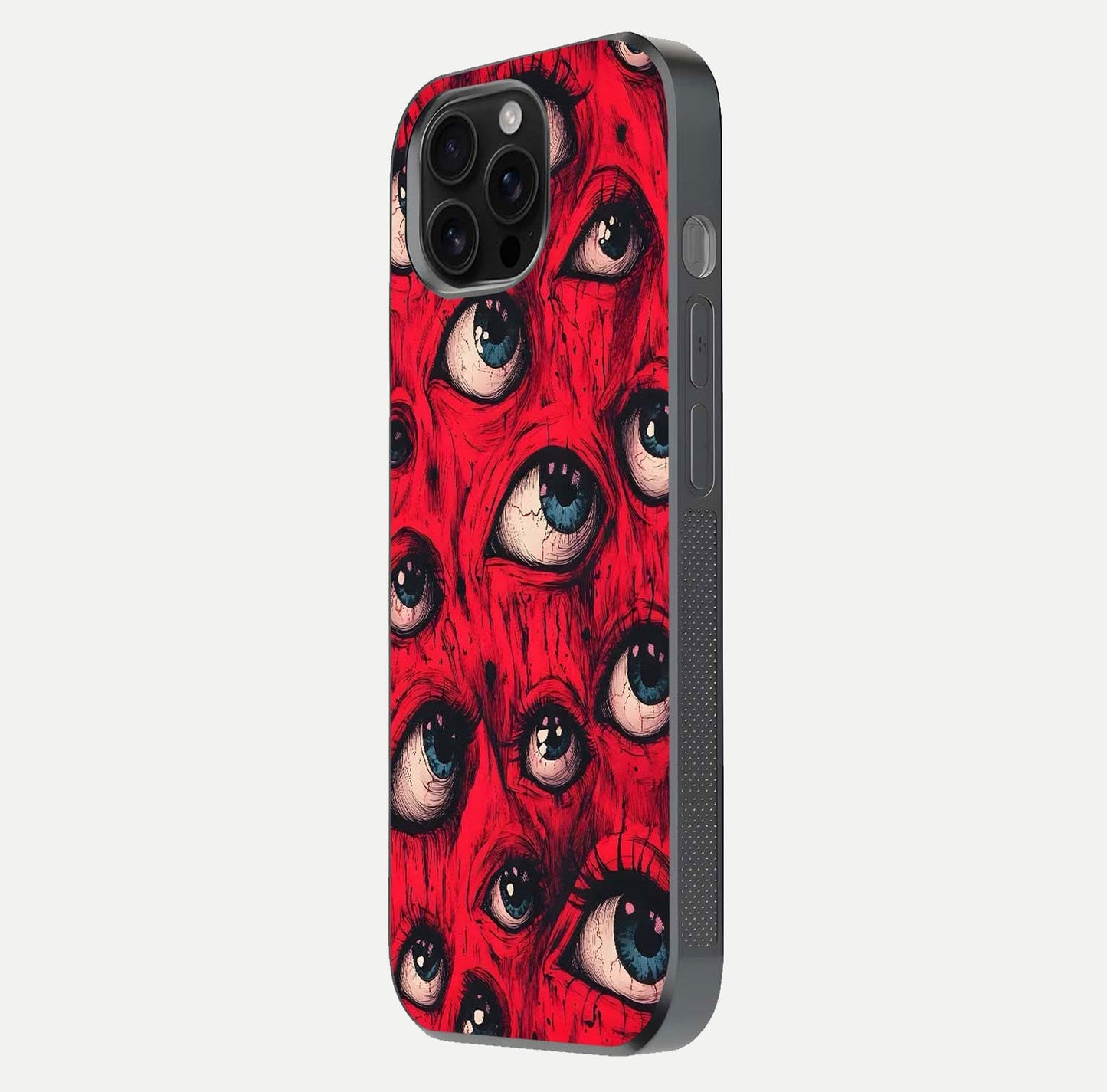 Red Eyes Pattern Glass Case for iPhone 16 Pro Max side-angle image showing shine, detail, and red tone clarity