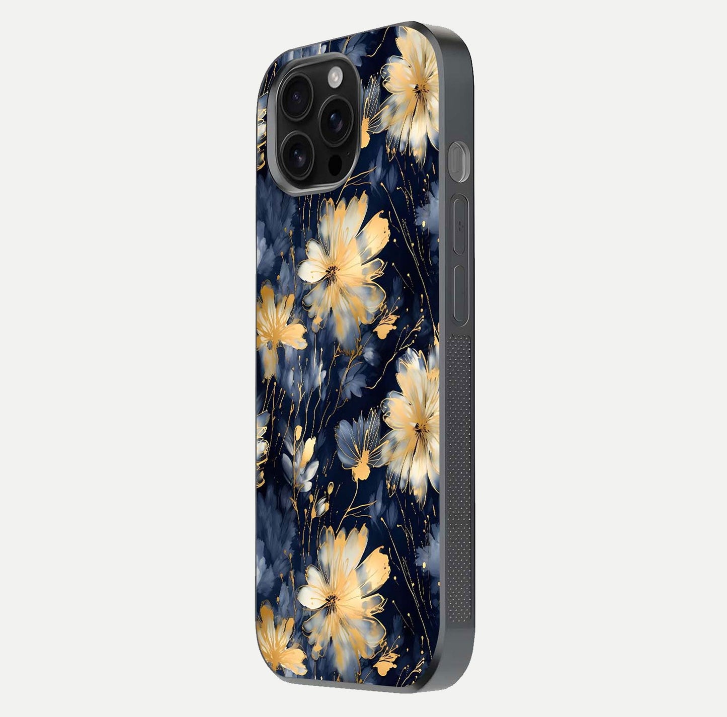 Royal Petal Dream Glass Case for iPhone 16 Pro Max side-angle image showing smooth edges and royal bloom details