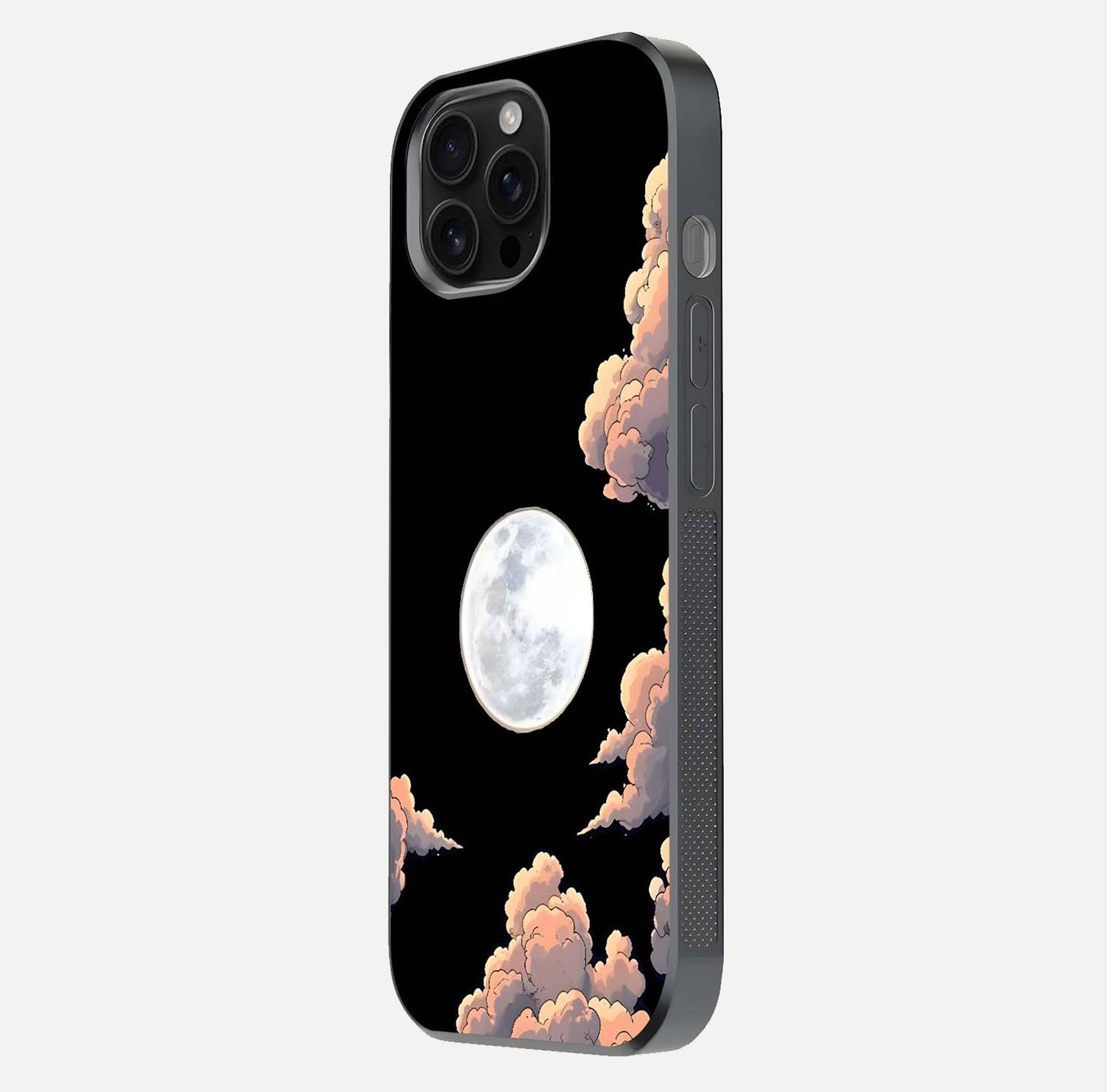 Shade Cloud Moon Glass Case for iPhone 16 Pro Max side-angle image showing reflection and night-sky detail