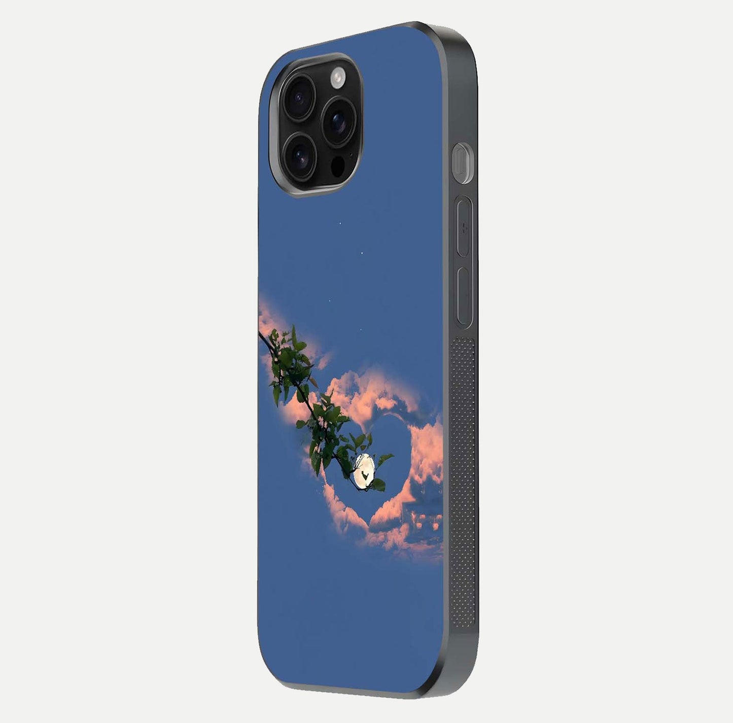 Sky Under Tree Glass Case for iPhone 16 Pro Max side-angle image showing shine, edge texture, and scenic detail