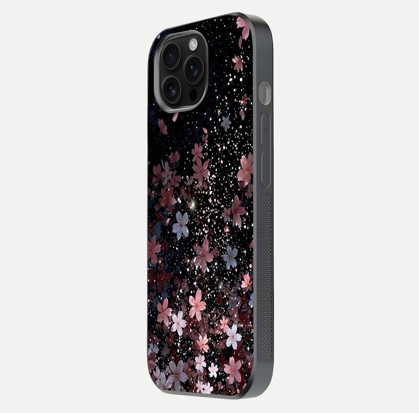 Starlit Flower Dreams Glass Case for iPhone 16 Pro Max side-angle image showing shine, edge detail, and floral contrast