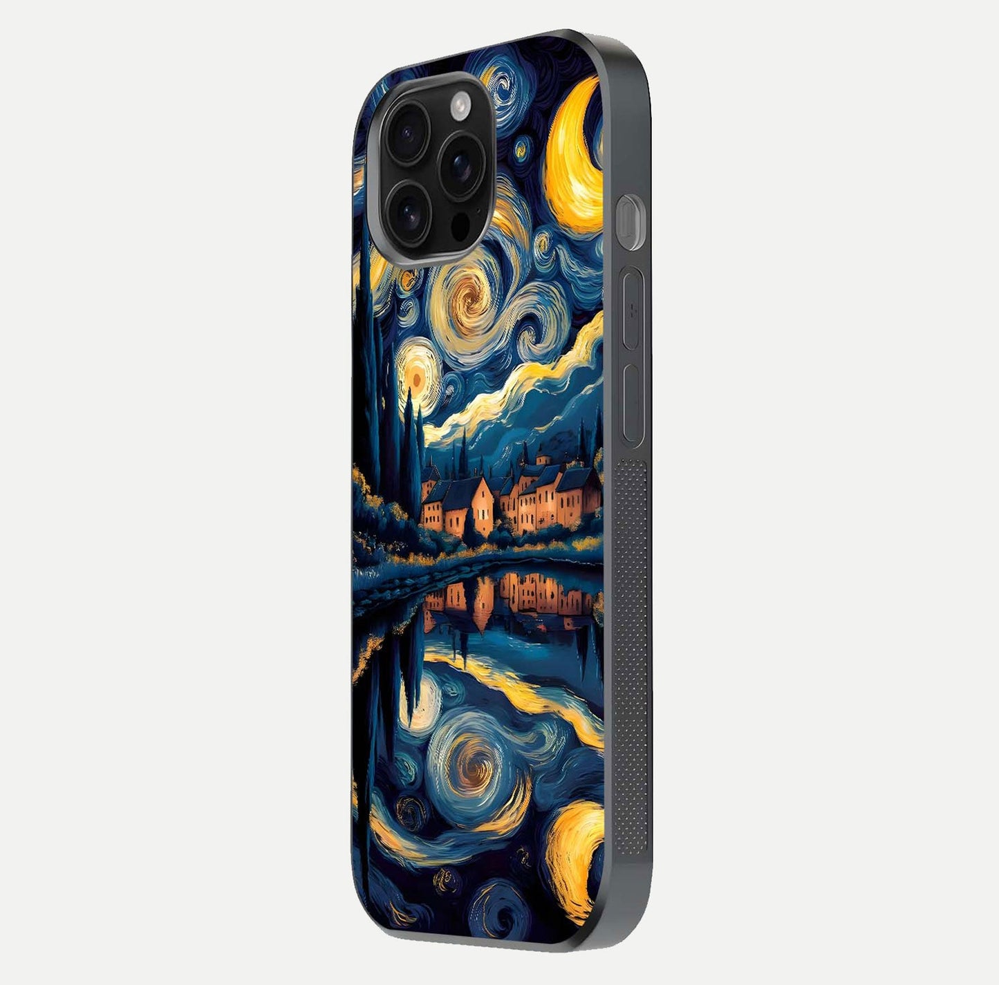 Starry Sky Serenity Glass Case for iPhone 16 Pro Max side-angle image showing reflection and night-sky detail