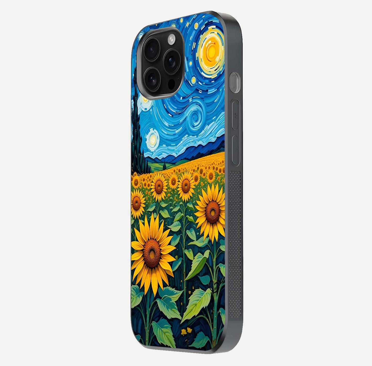 Starry Sunflower Dreams Glass Case for iPhone 16 Pro Max side-angle image showing reflection, stars, and yellow tone