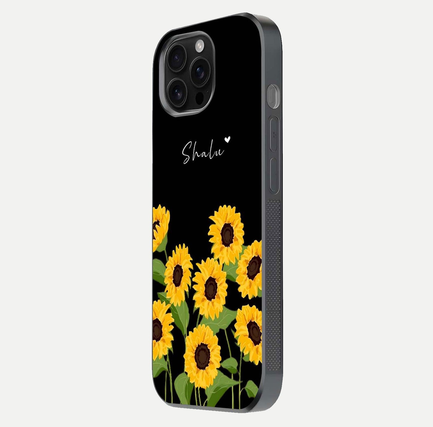 Sunflower Chic Mood Custom Name Glass Case for iPhone 16 Pro Max side-angle image showing reflection and yellow floral tone