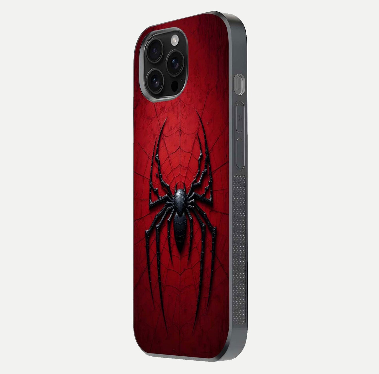 Venom Web Emblem Glass Case for iPhone 16 Pro Max side-angle image showing reflection and dark color tones
