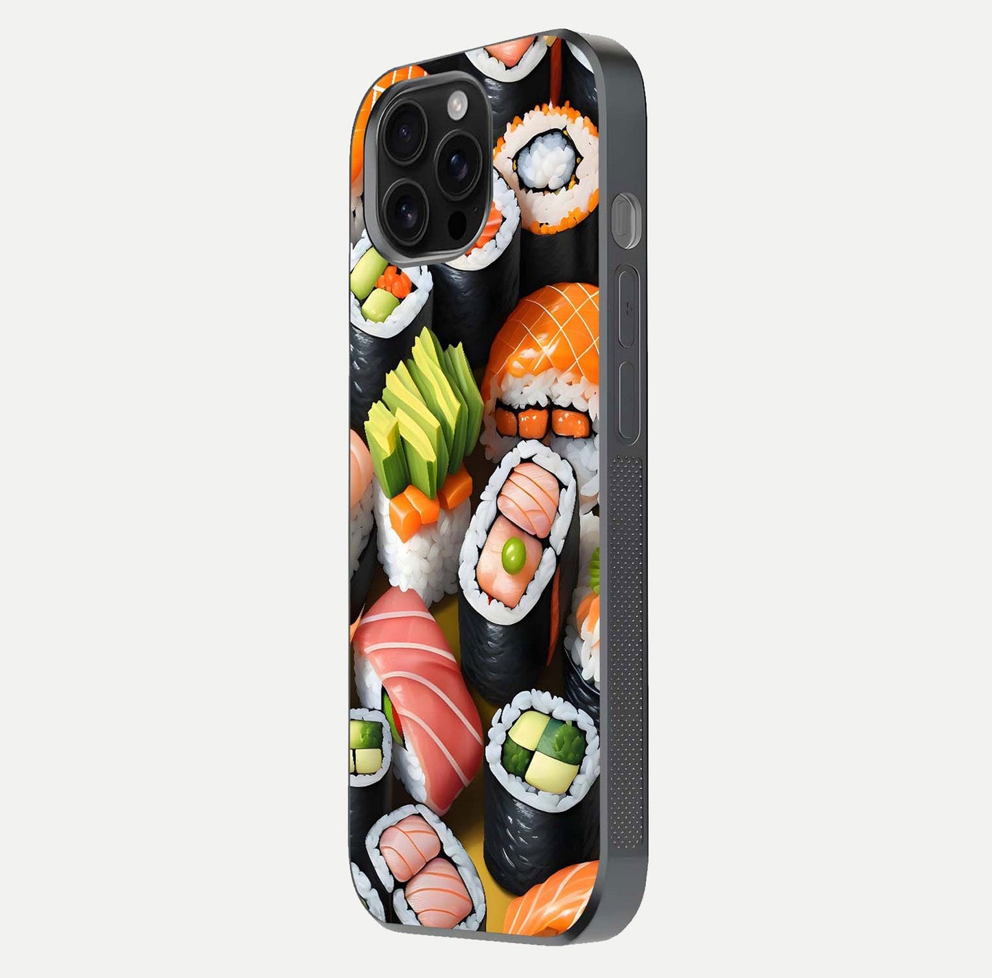 Sushi Food Pattern Glass Case for iPhone 16 Pro Max side-angle image showing shine, gloss, and sushi artwork