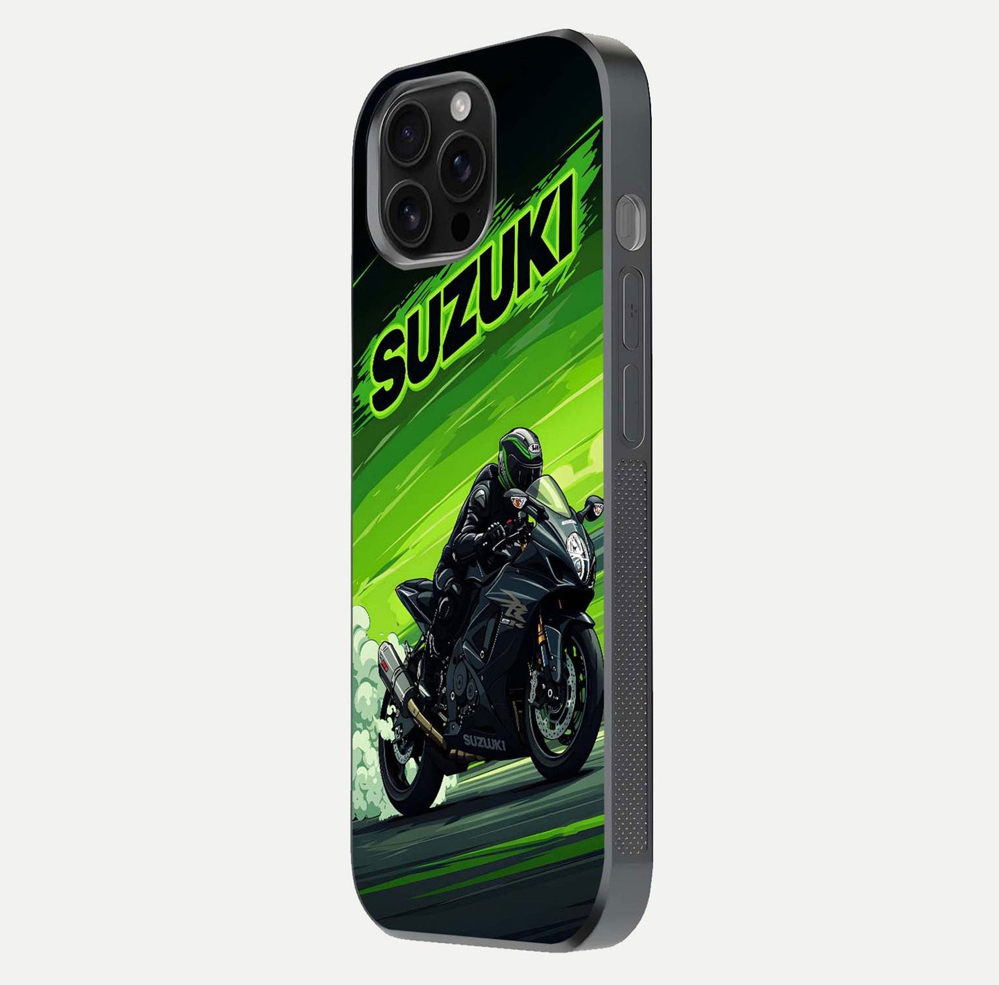 Suzuki Speed Beast Glass Case for iPhone 16 Pro Max side-angle image showing reflection, gloss, and car detailing