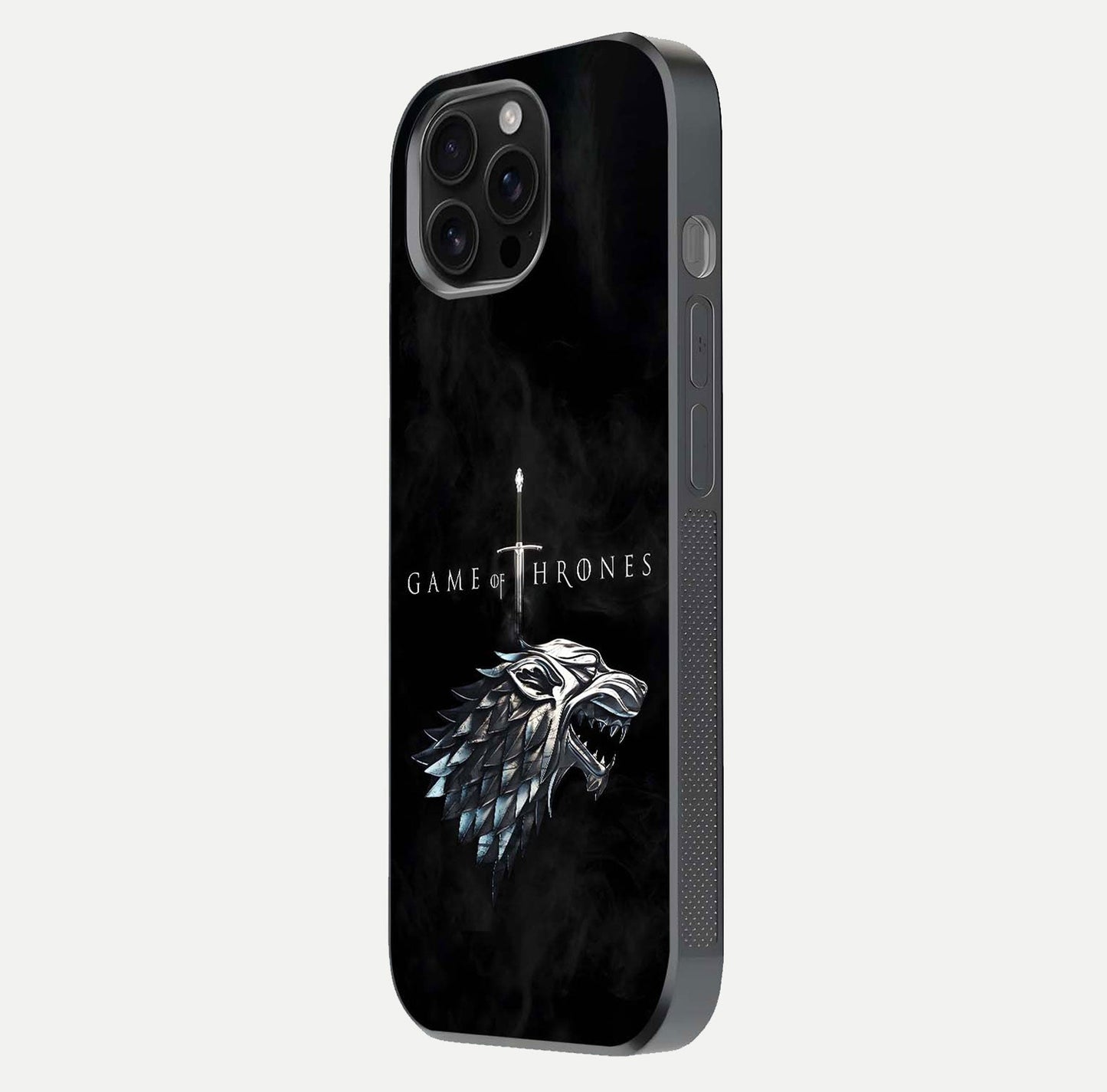 Throne Wolf Legacy Glass Case for iPhone 16 Pro Max side-angle image showing gloss, texture, and HD print