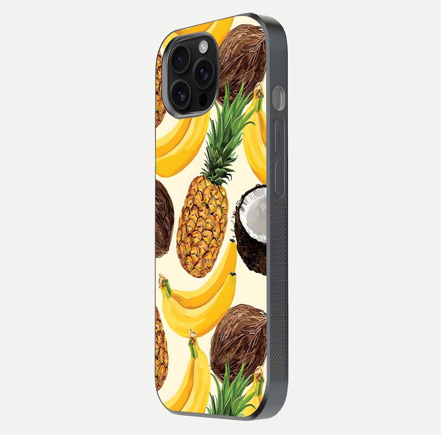 Tropical Fruit Mood Glass Case for iPhone 16 Pro Max side-angle image showing reflection, gloss, and fruit details