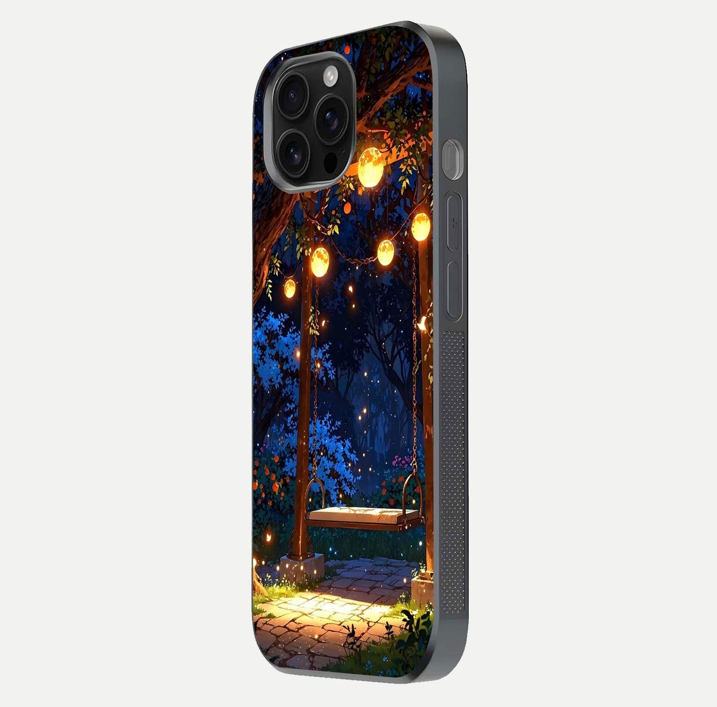 Twilight Garden Swing Glass Case for iPhone 16 Pro Max side-angle image showing reflection, gloss, and scenic depth