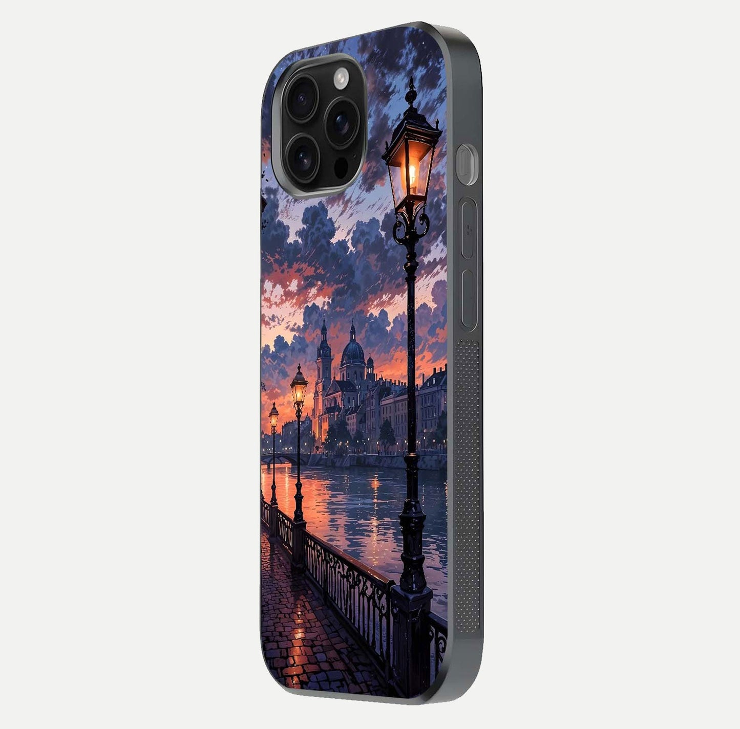 Twilight River Lights Glass Case for iPhone 16 Pro Max side-angle image showing reflections, lighting, and gradient tones
