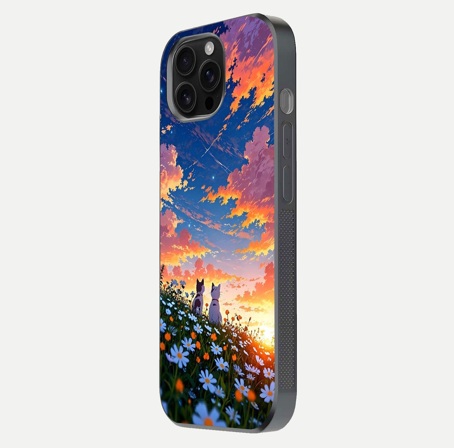 Two Cats Friends Glass Case for iPhone 16 Pro Max side-angle image showing reflection, gloss, and color depth