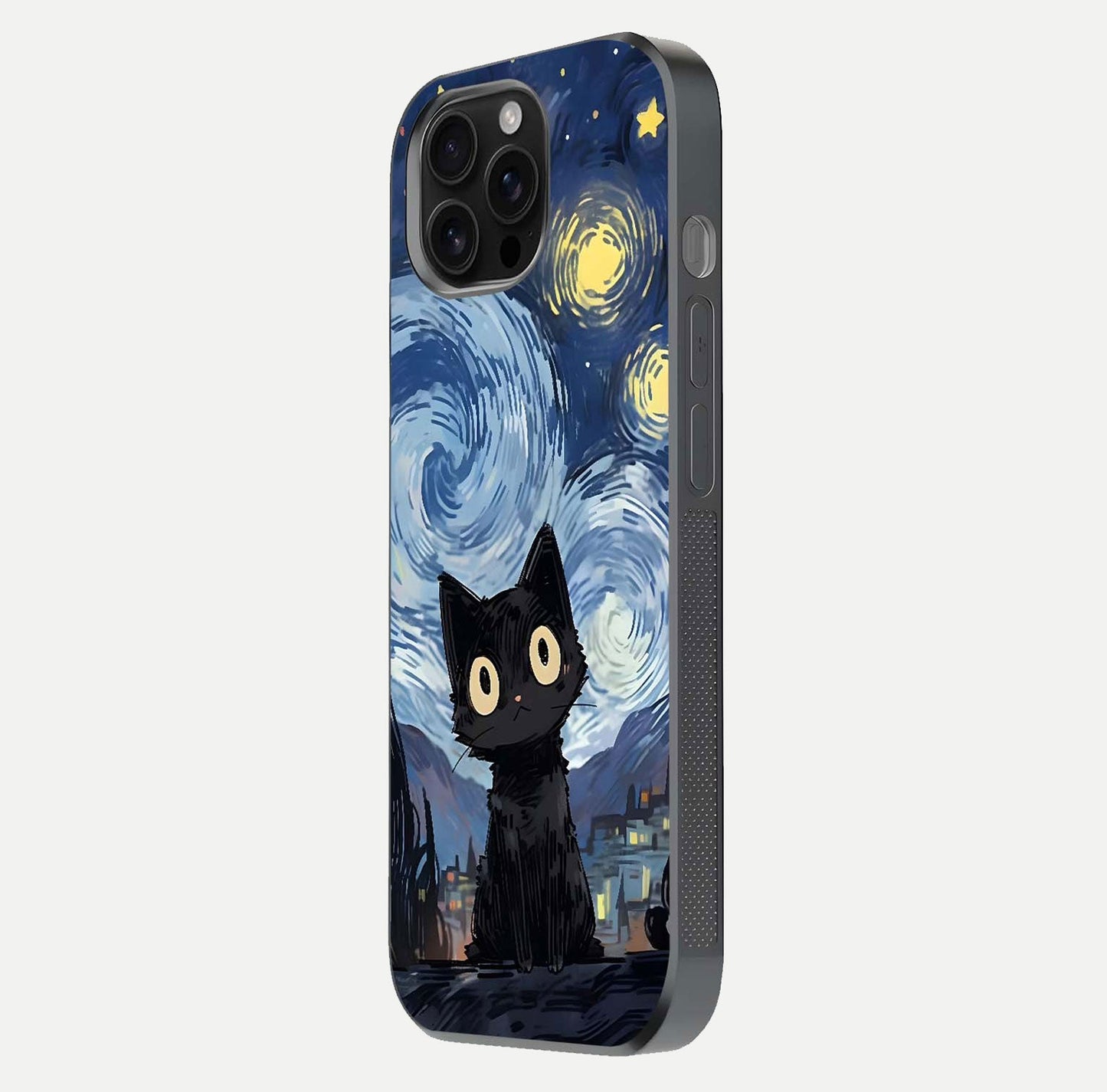 Van Gogh Cat Glass Case for iPhone 16 Pro Max side-angle image showing light reflection and vivid artwork