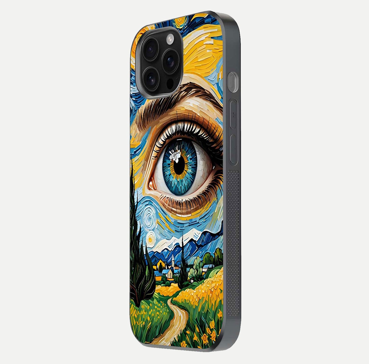Van Gogh Eye Glass Case for iPhone 16 Pro Max side-angle image showing reflection, gloss, and artistic contrast