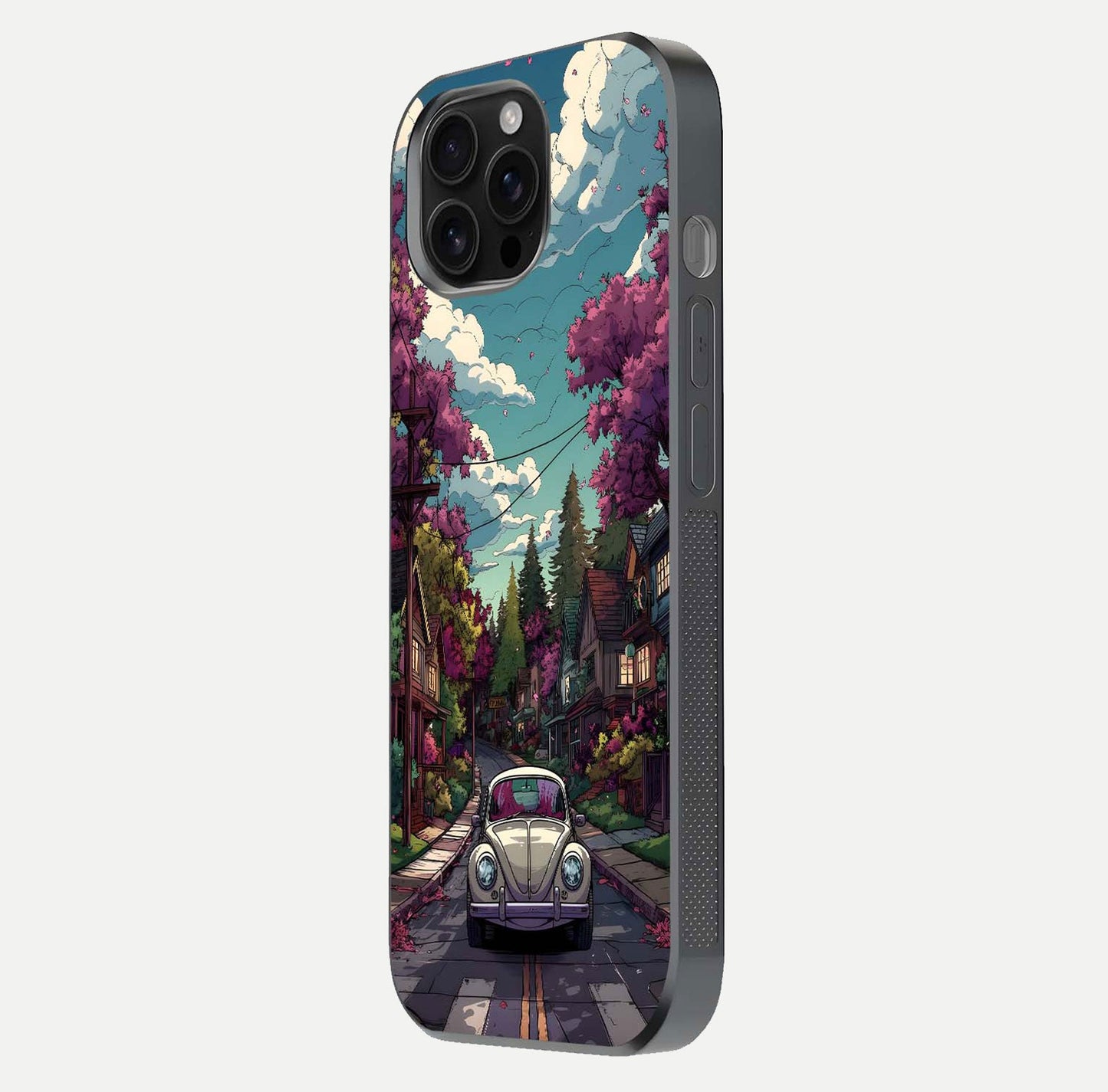 Vintage Street Drive Glass Case for iPhone 16 Pro Max side-angle image showing gloss reflection and design detail