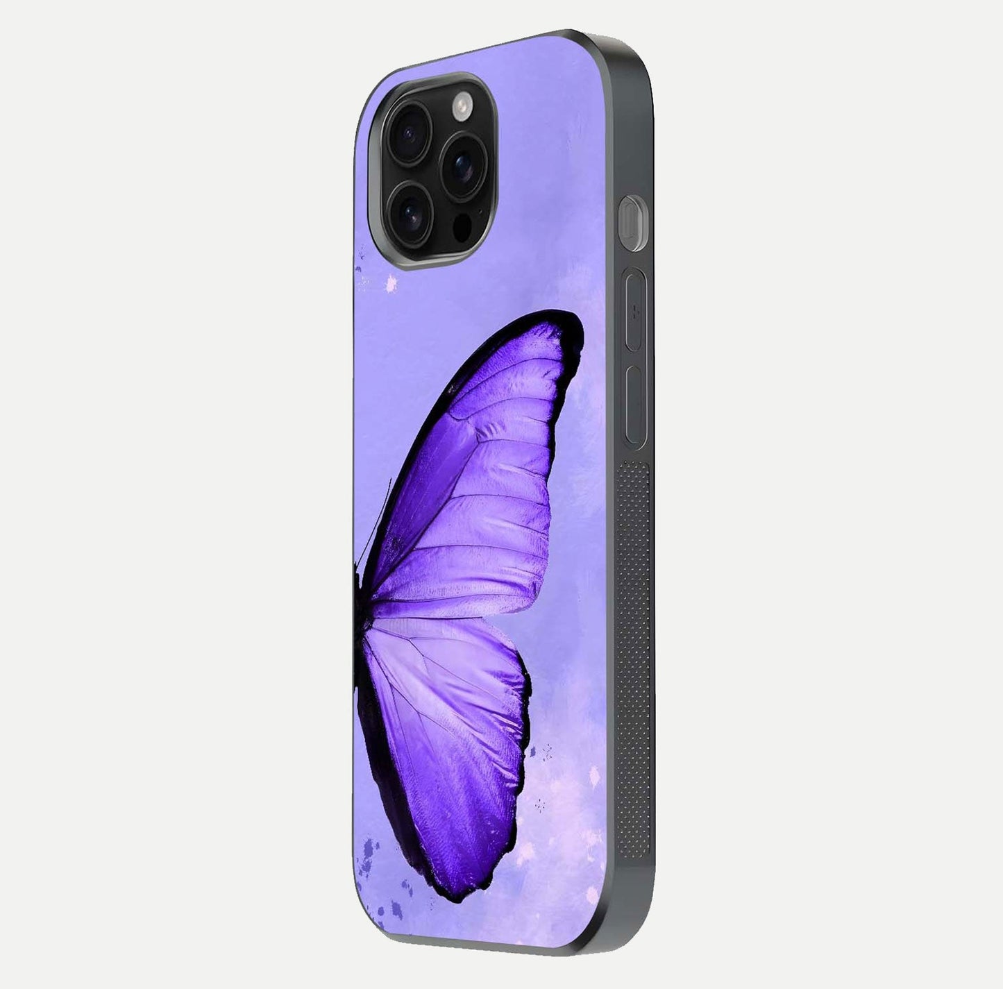 Violet Dream Wing Glass Case for iPhone 16 Pro Max side-angle image showing gloss, shine, and violet gradient