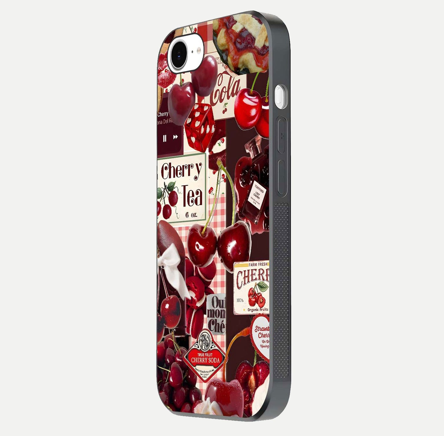 Aesthetic Cherry Tea Glass Case for iPhone 16e side-angle image showing cherry collage print, camera module, and glossy finish reflection