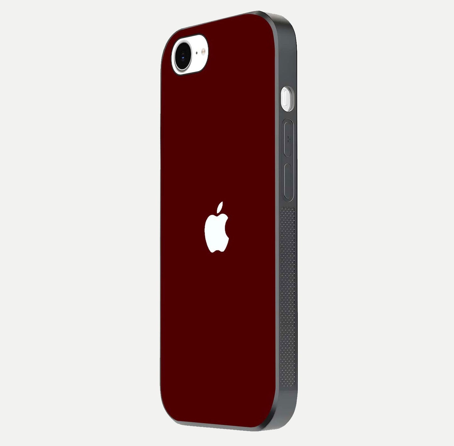 Apple Crimson Core Glass Case for iPhone 16e side-angle shot showing camera bump alignment and glossy shine