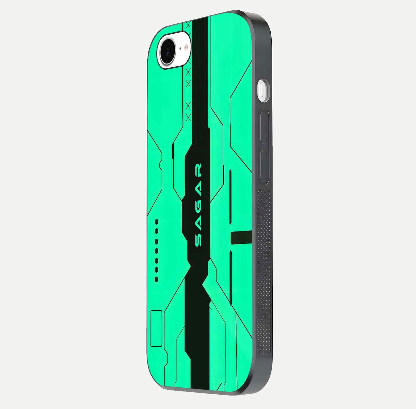Aqua Tech CYBERPUNK Custom Name Glass Case for iPhone 16e side-angle image with glowing edges and glossy surface
