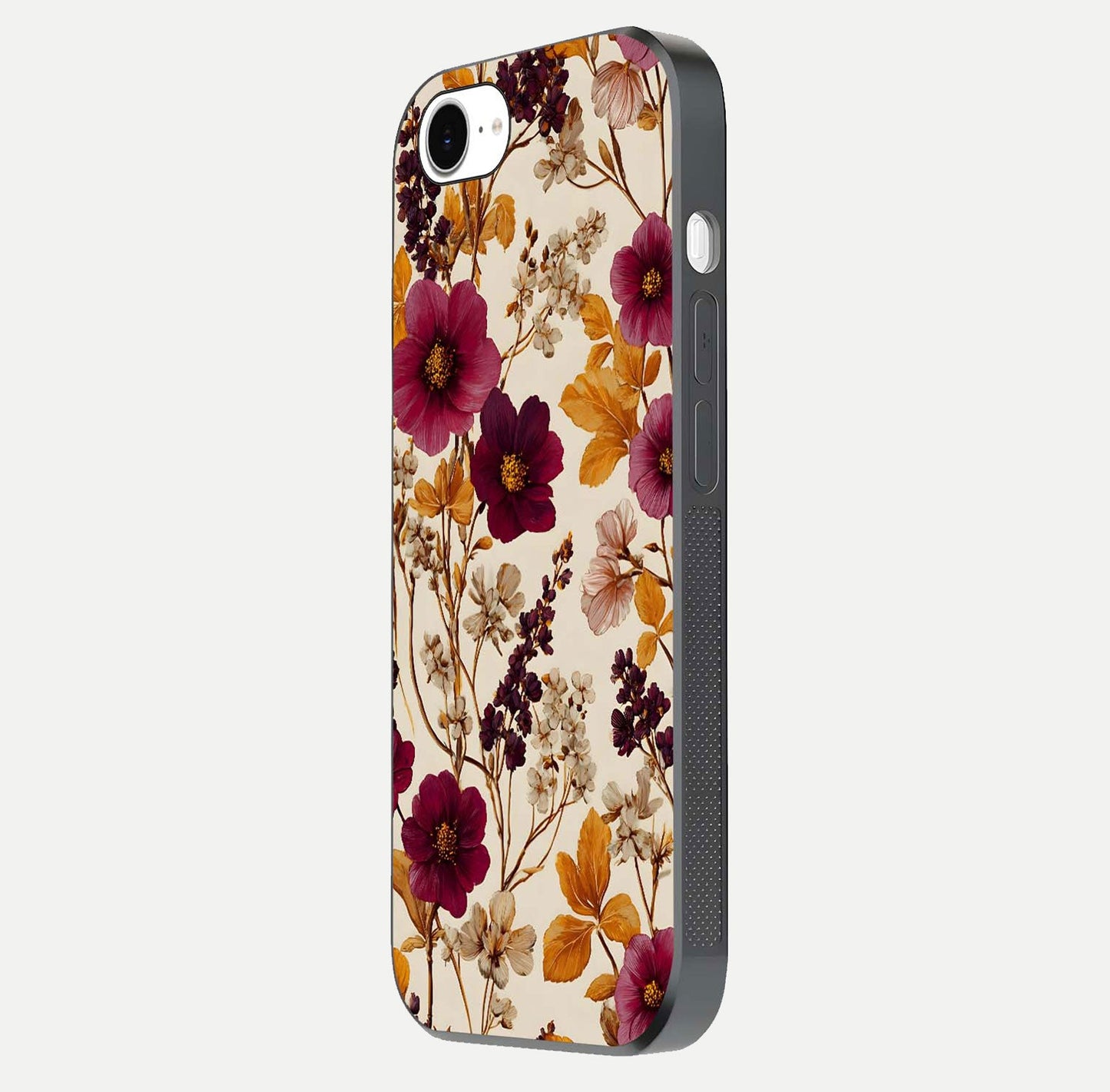 Autumn Wine Bloom Glass Case for iPhone 16e side-angle showcasing floral design, texture gloss, and camera frame