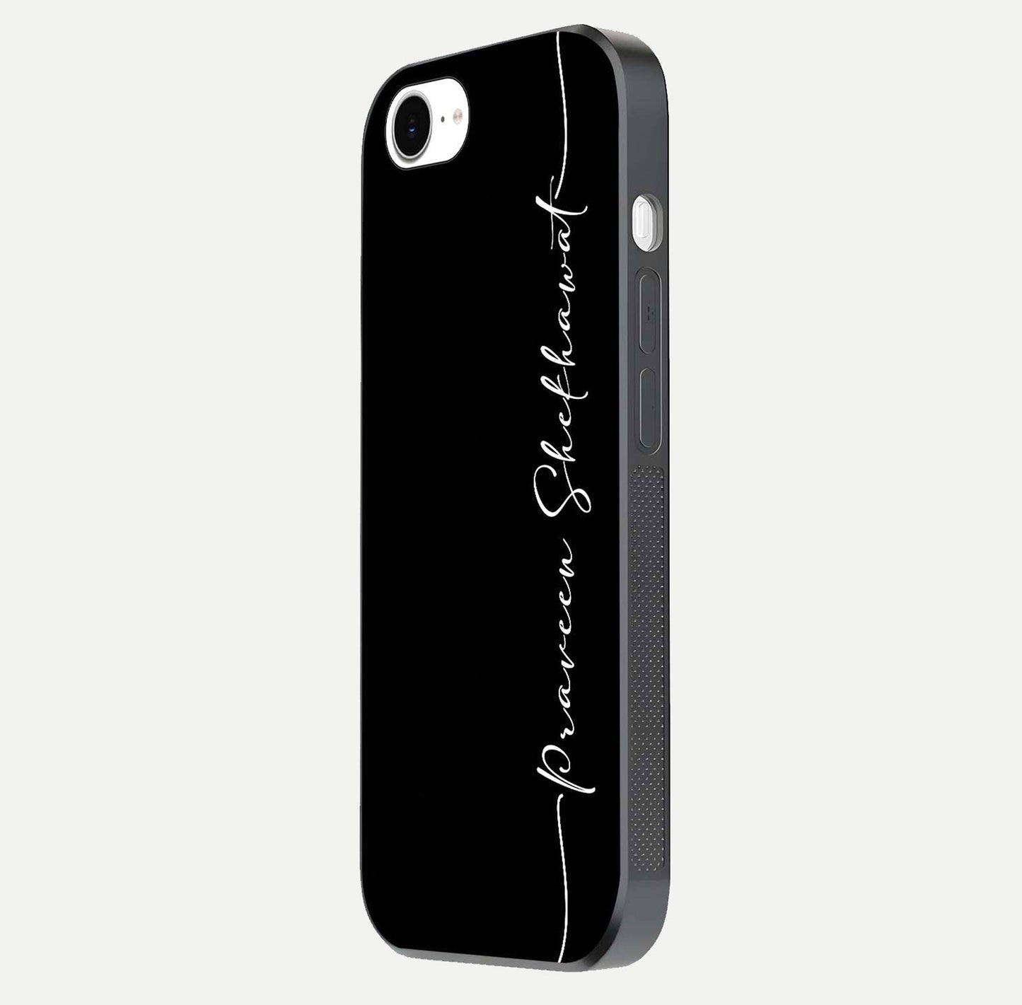 Black Tune Custom Name Glass Case for iPhone 16e side-angle photo showing mirror-like surface and slim profile