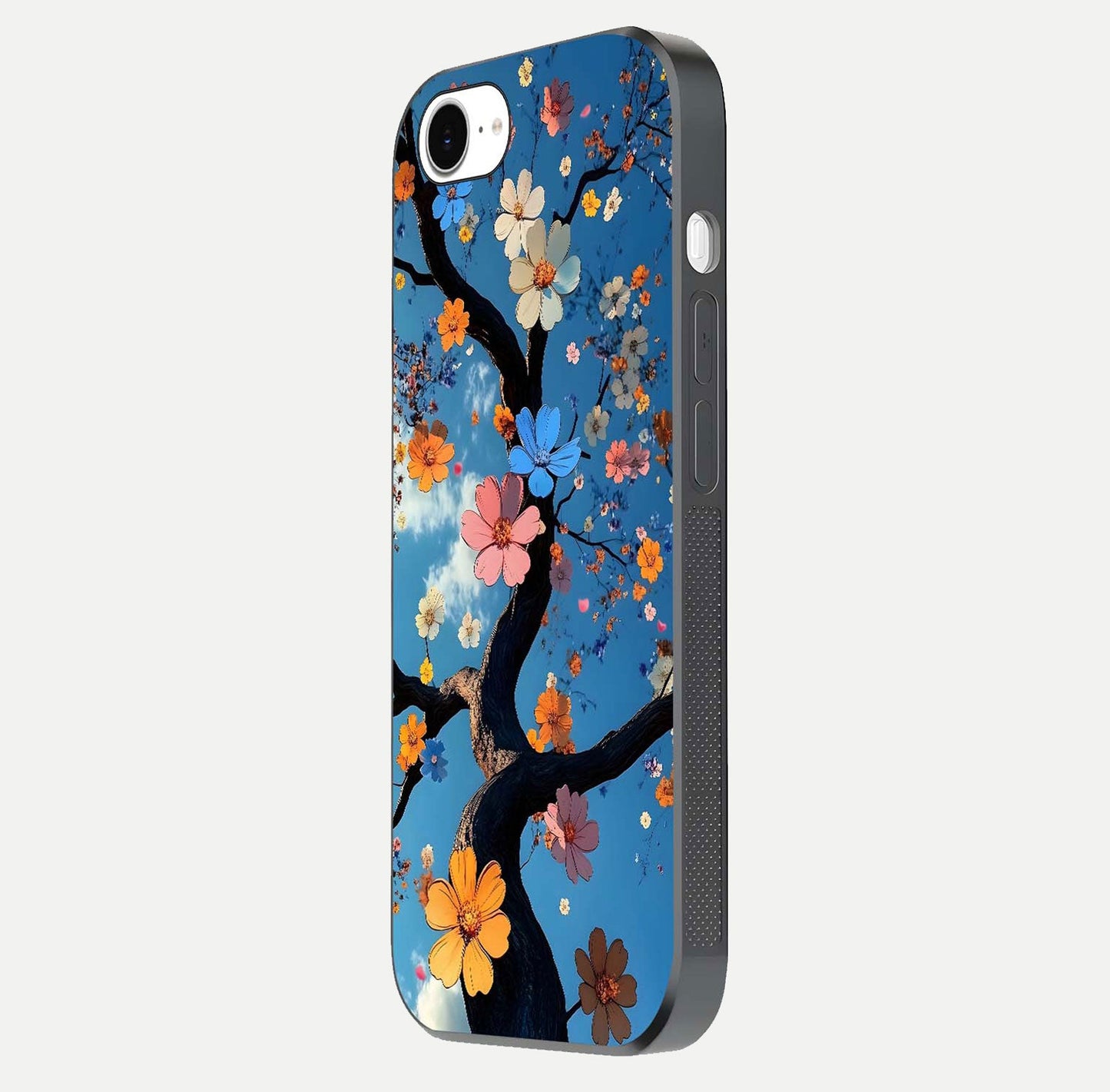 Blossom Dream Sky Glass Case for iPhone 16e side-angle photo showing flower details, edge curve, and reflection shine