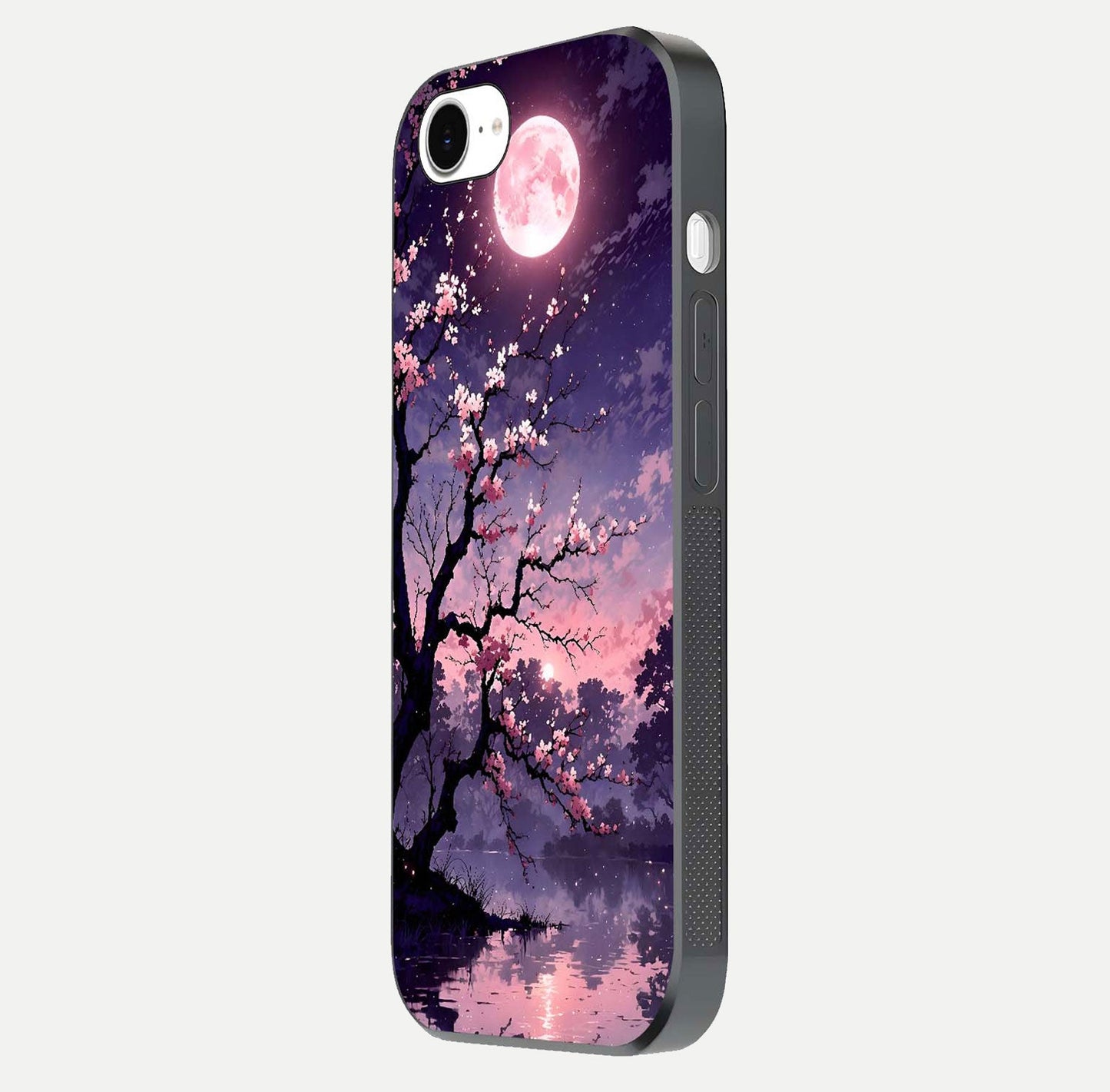 Blossom Pink Moon Glass Case for iPhone 16e side-angle image showing glossy curve and floral-moon balance