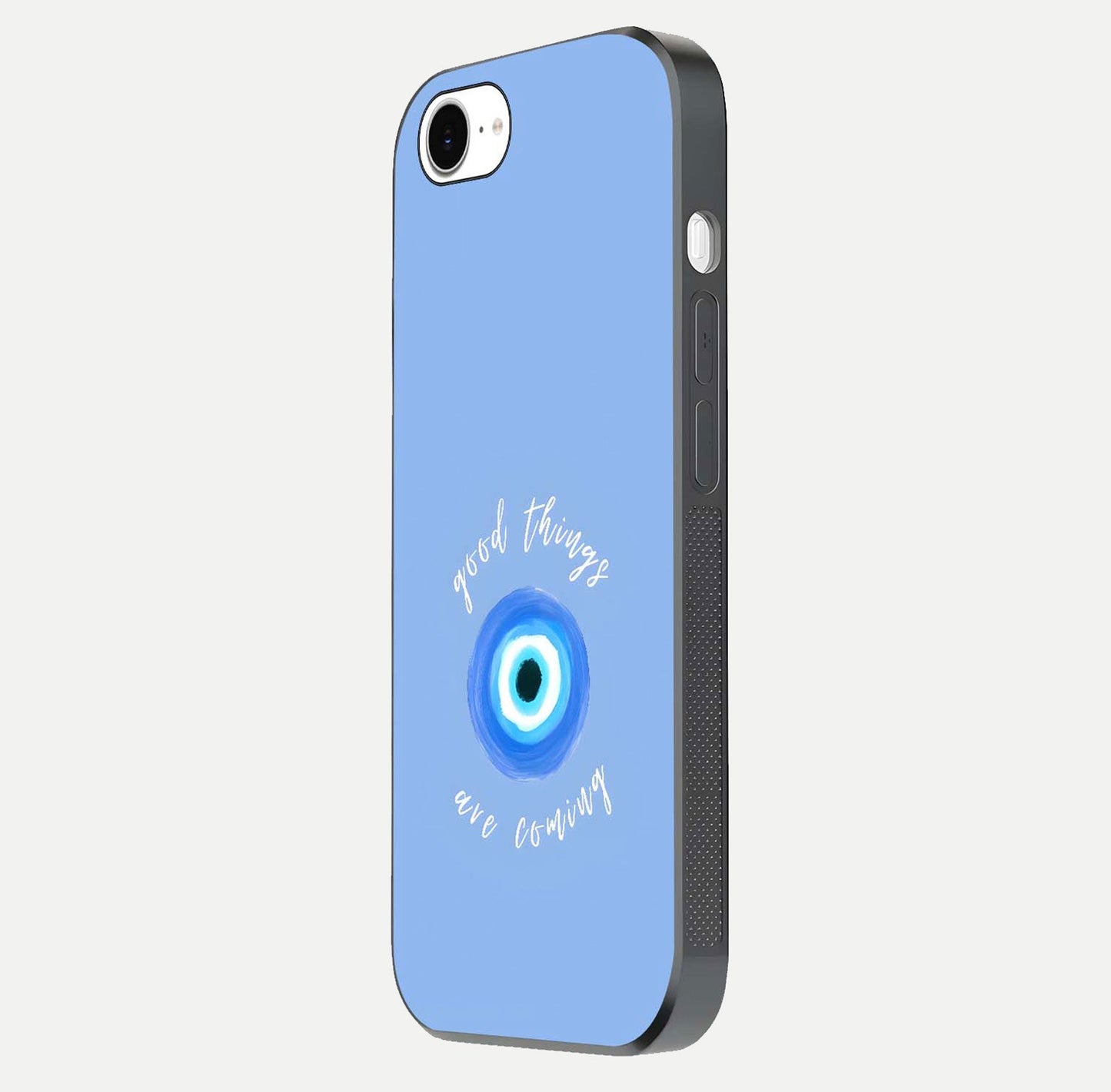 Bright Future Ahead Glass Case for iPhone 16e side-angle image displaying edge smoothness and reflective surface
