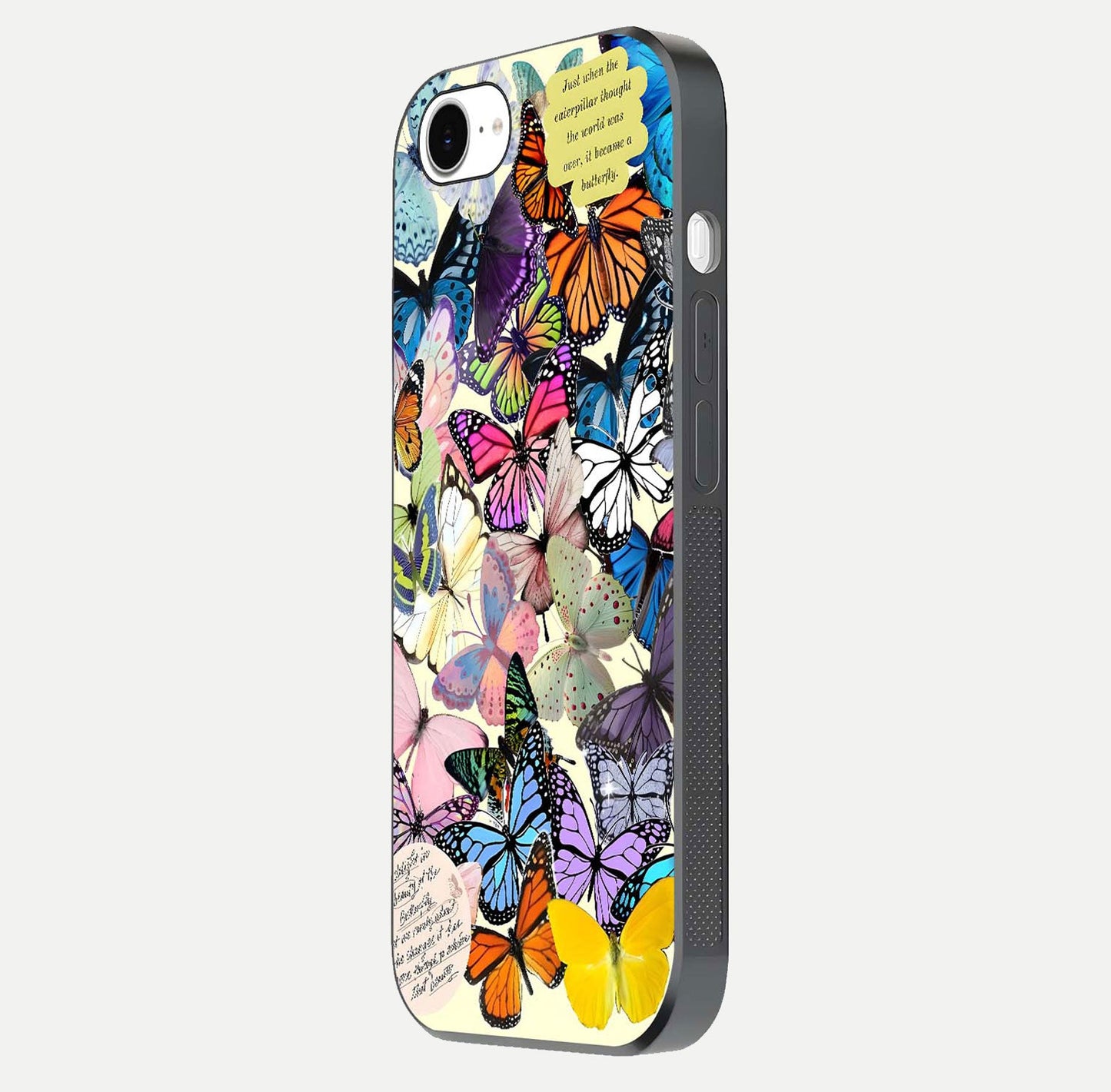 Butterflies Petal Dream Glass Case for iPhone 16e side-angle shot showing butterfly motion and curved edges