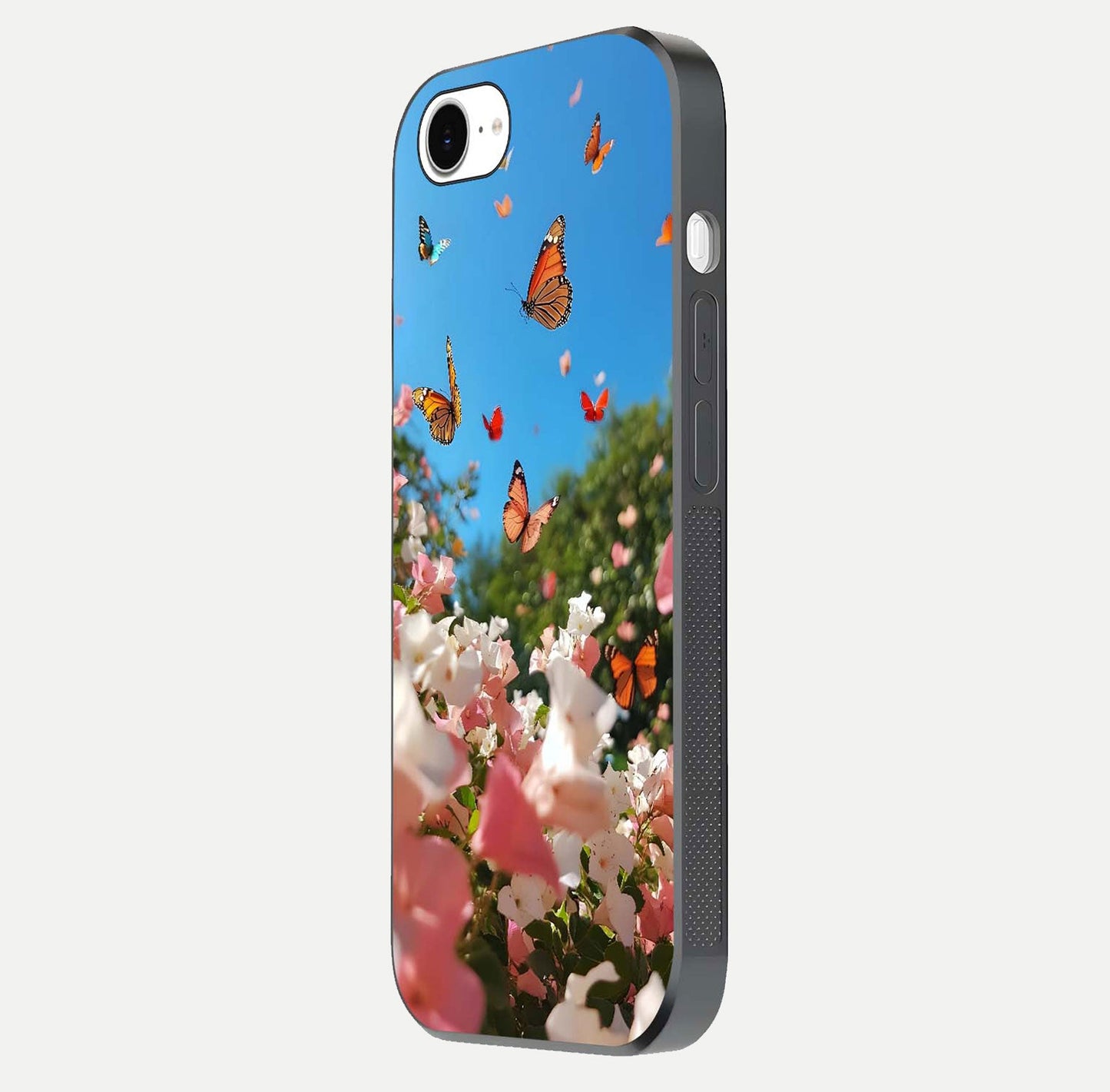 Butterflies in Bloom Sky Glass Case for iPhone 16e side-angle image showing delicate details and gloss polish