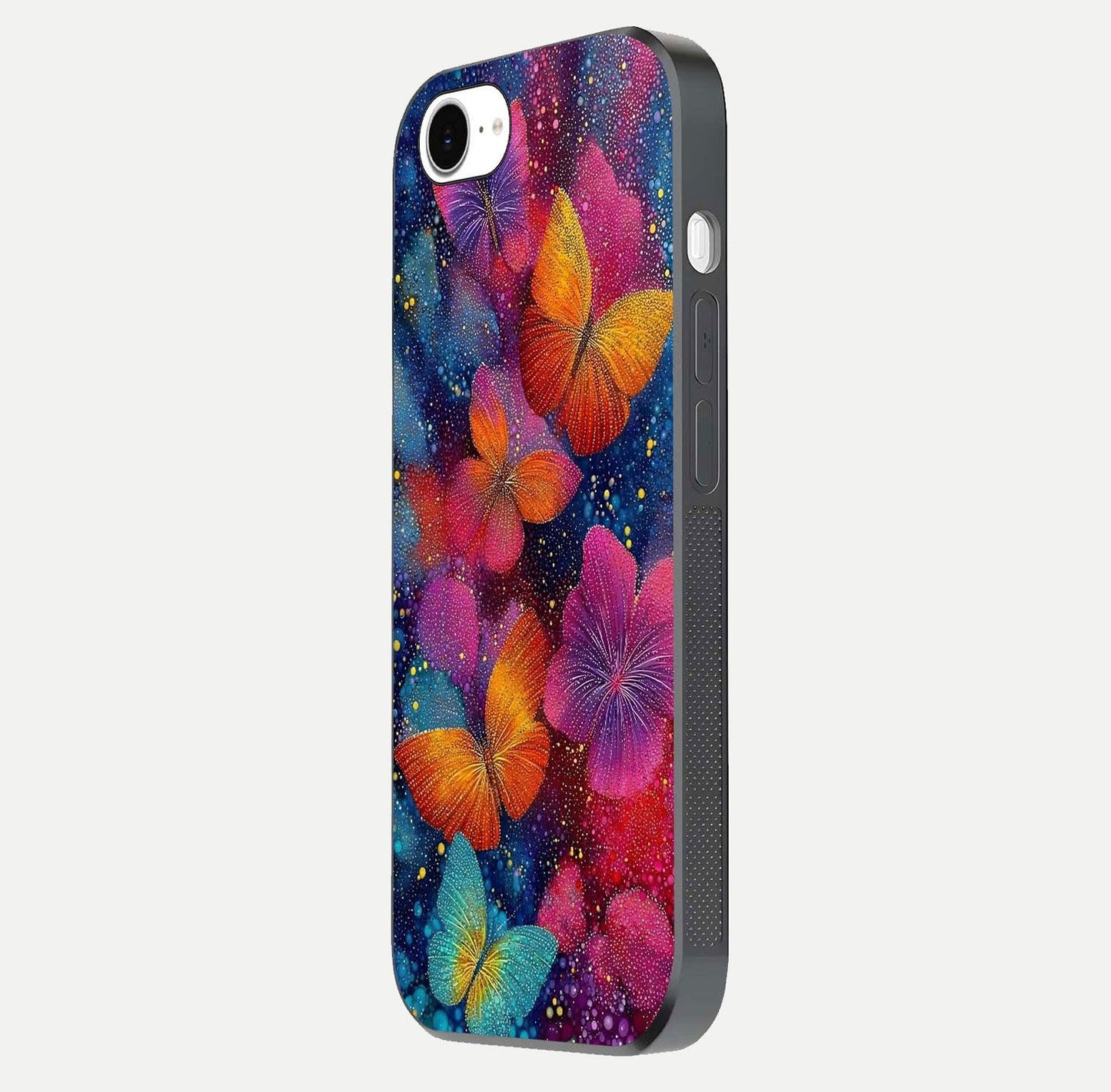 Butterfly Dream Mist Glass Case for iPhone 16e side-angle image showing soft gradient and reflective glow