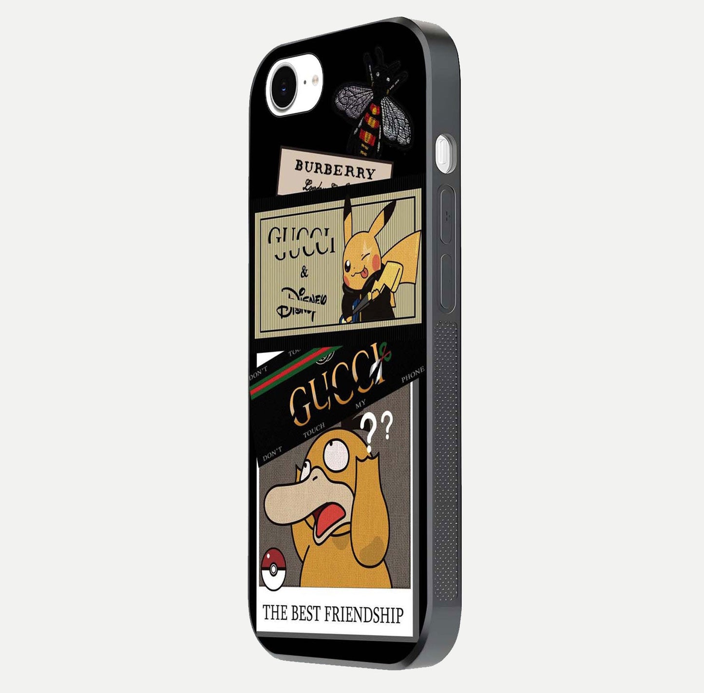 Cartoon Brand Play Mashup Glass Case for iPhone 16e side-angle image showing reflection brightness and fun graphic mix