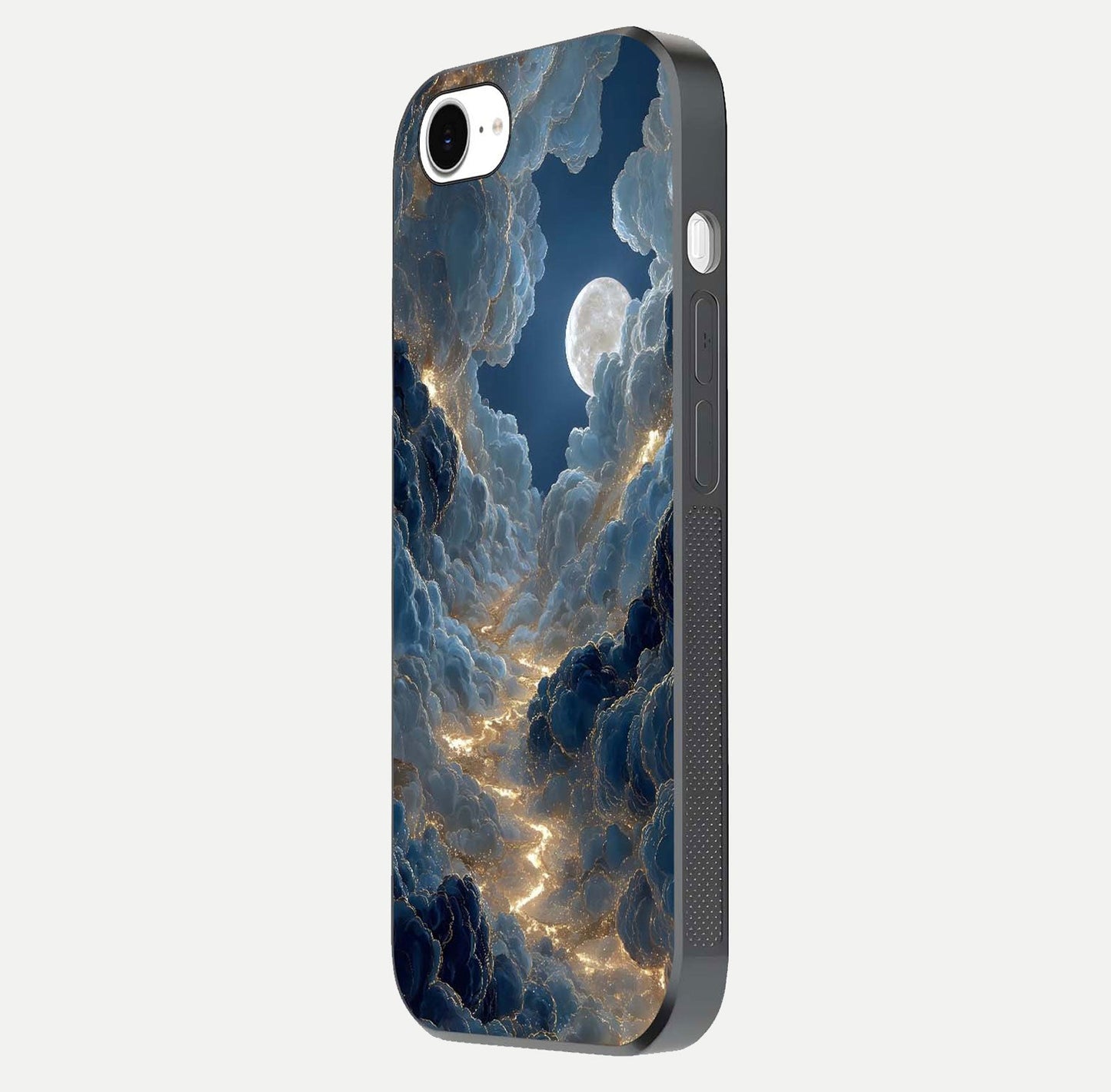 Celestial Cloud Road Glass Case for iPhone 16e side-angle image showing soft pastel tones and edge clarity