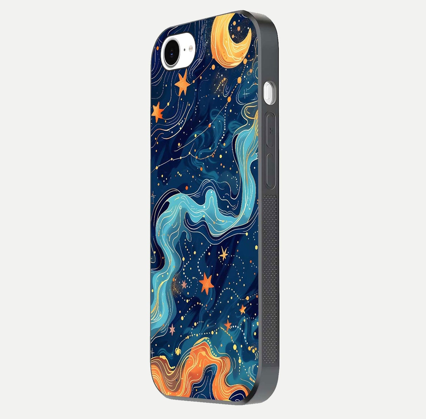 Celestial Dream Flow Glass Case for iPhone 16e side-angle image capturing color swirl and glass reflection