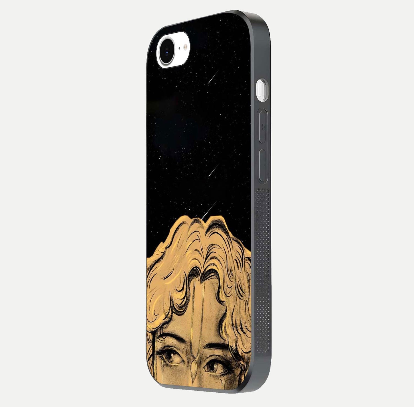 Celestial God’s Plan Glass Case for iPhone 16e side-angle image showing gloss, camera frame, and cosmic tones