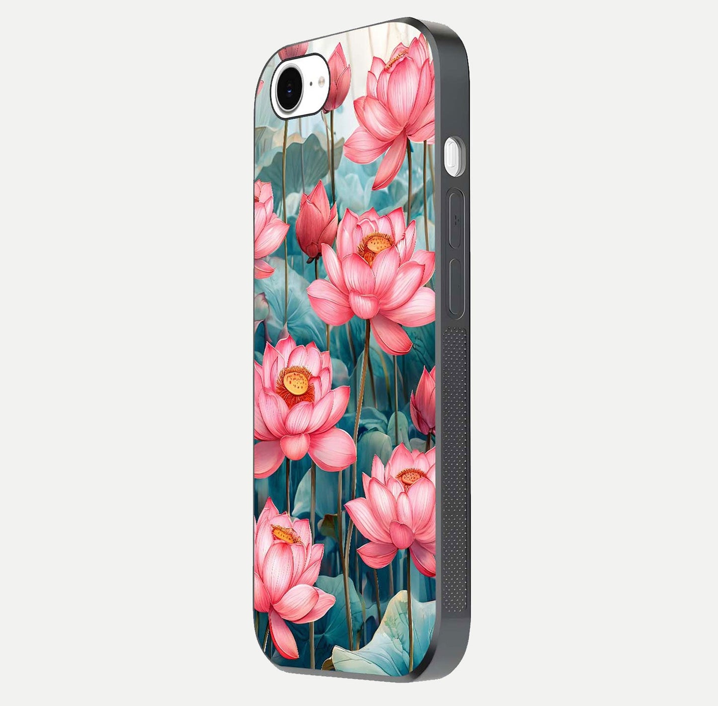 Celestial Pink Lotus Glass Case for iPhone 16e side-angle image showing reflective shine and petal curve