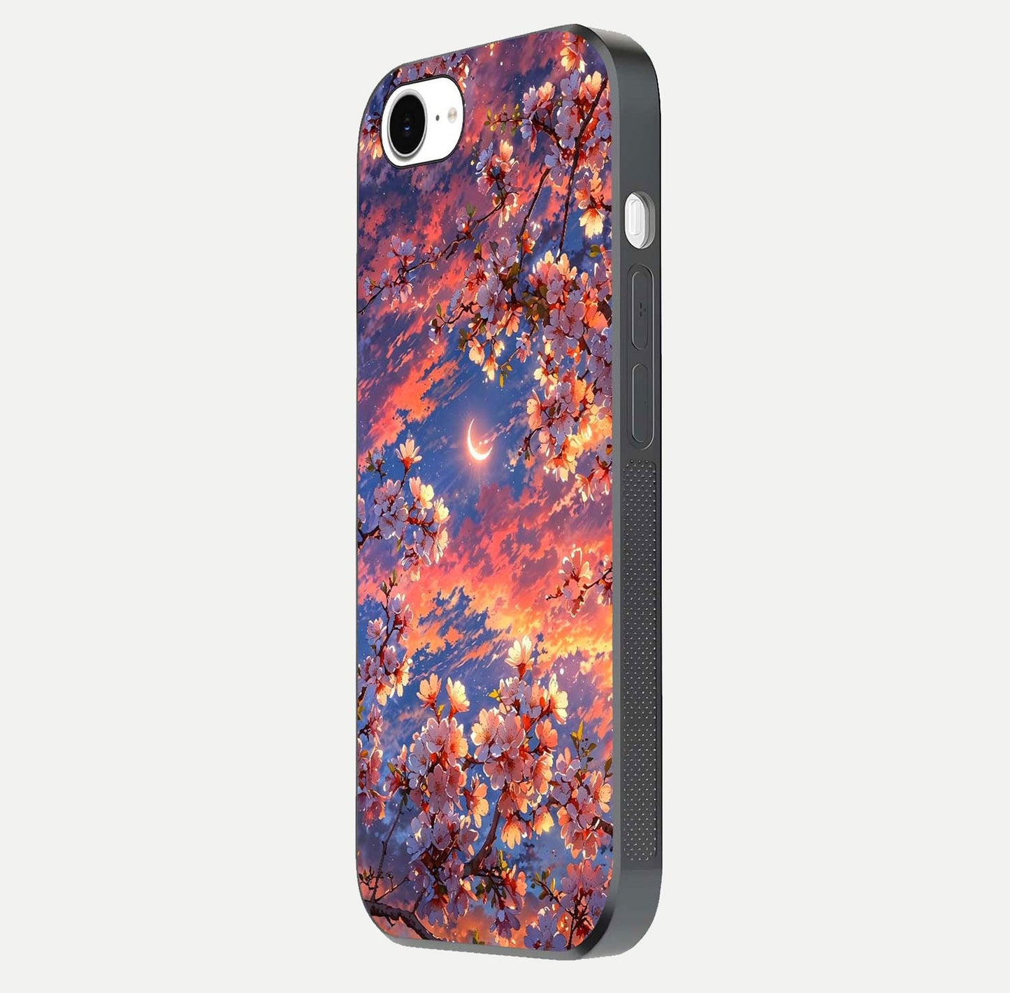 Celestial Sakura Sunset Glass Case for iPhone 16e side-angle image showing edge glow and petal texture