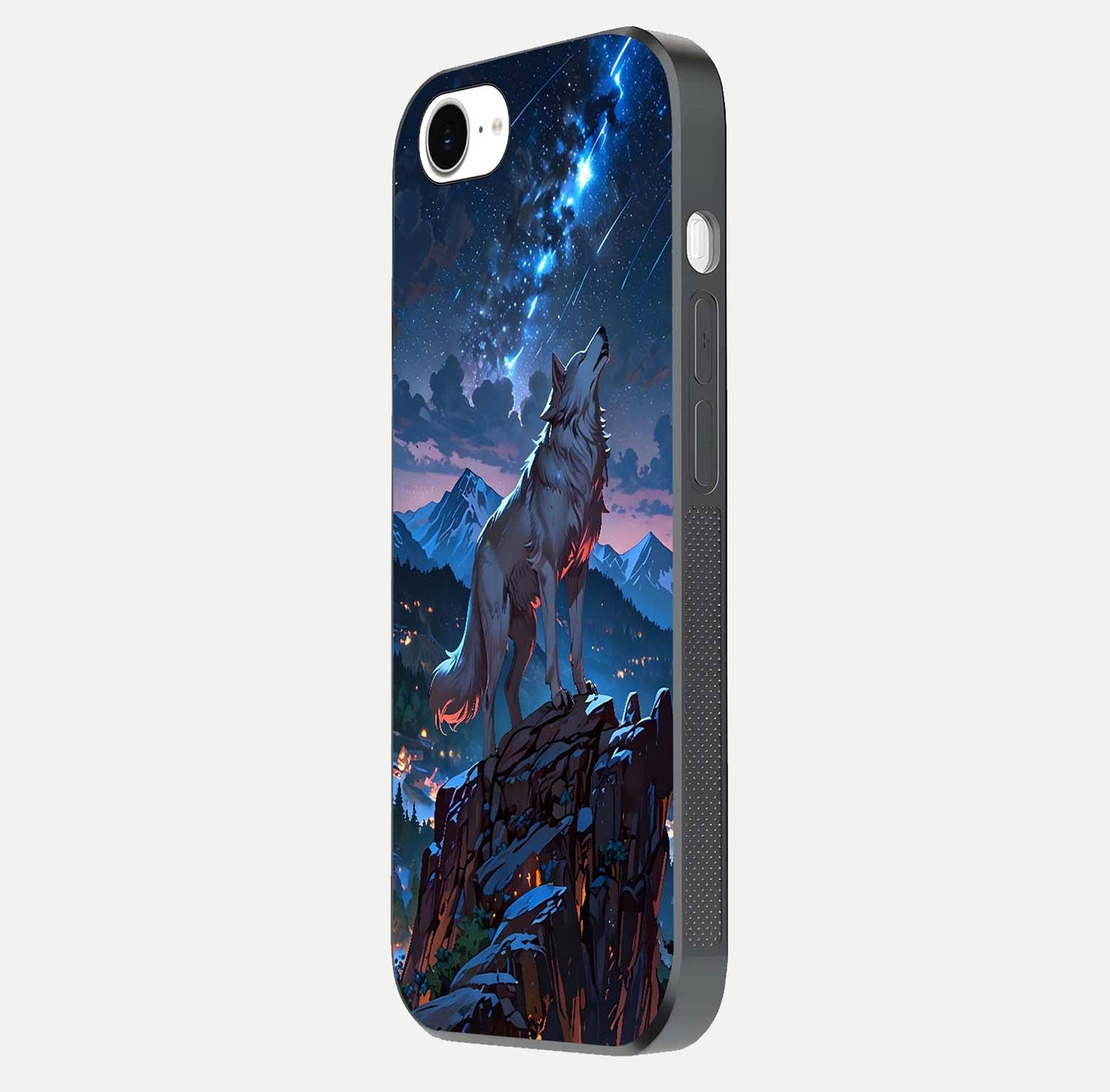 Celestial Wolf Howl Glass Case for iPhone 16e side-angle image showing curve polish and moon glow