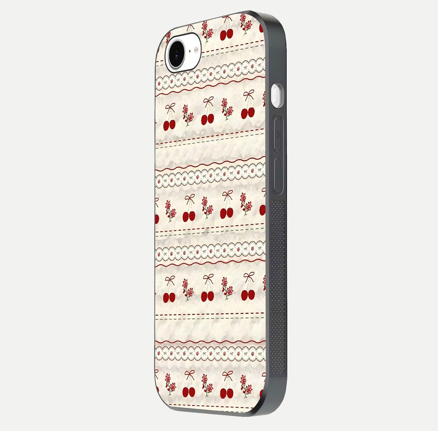 Cherry Bloom Charm Glass Case for iPhone 16e side-angle photo showing flower detail and edge light