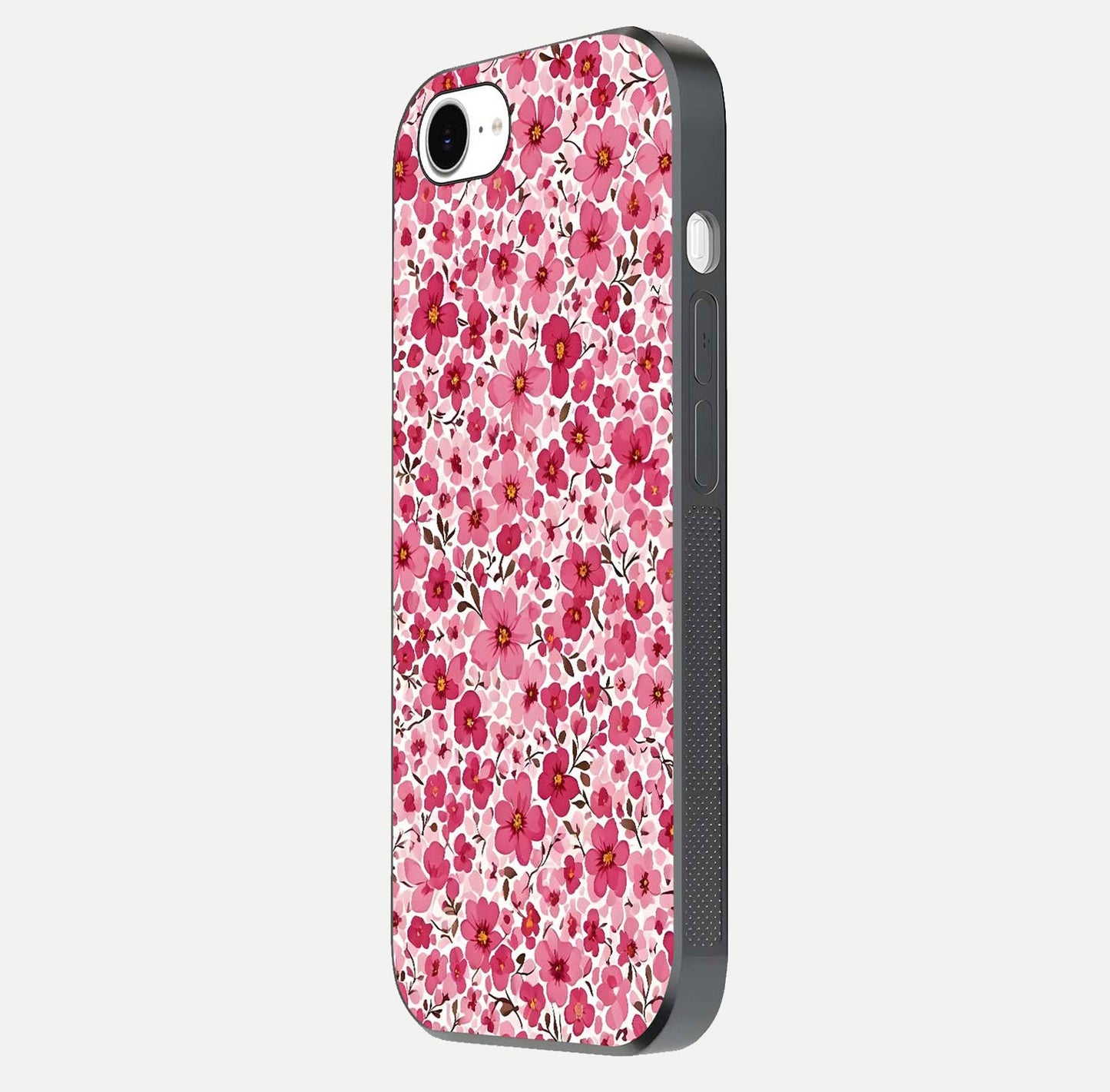 Cherry Blossom Charm Glass Case for iPhone 16e side-angle image showing reflection gloss and soft texture