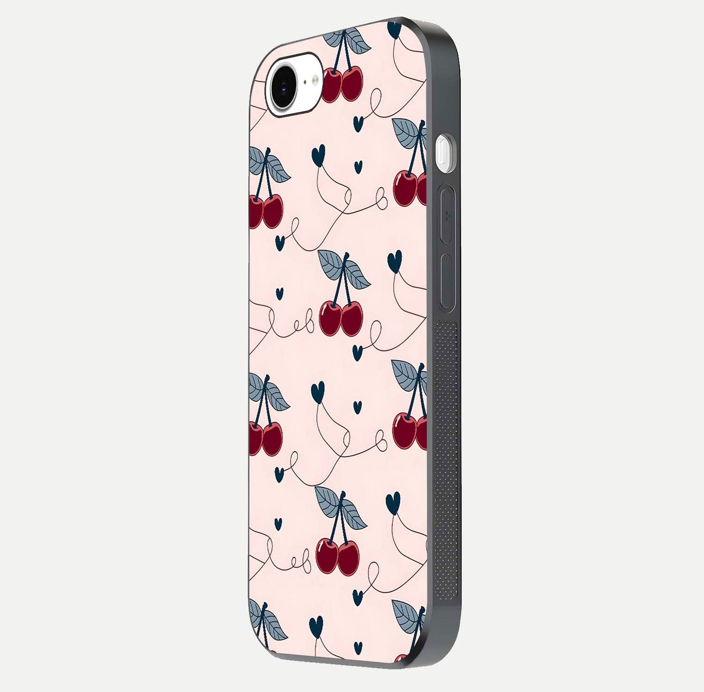 Cherry Heart Line Glass Case for iPhone 16e side-angle view capturing smooth curves and shine effect