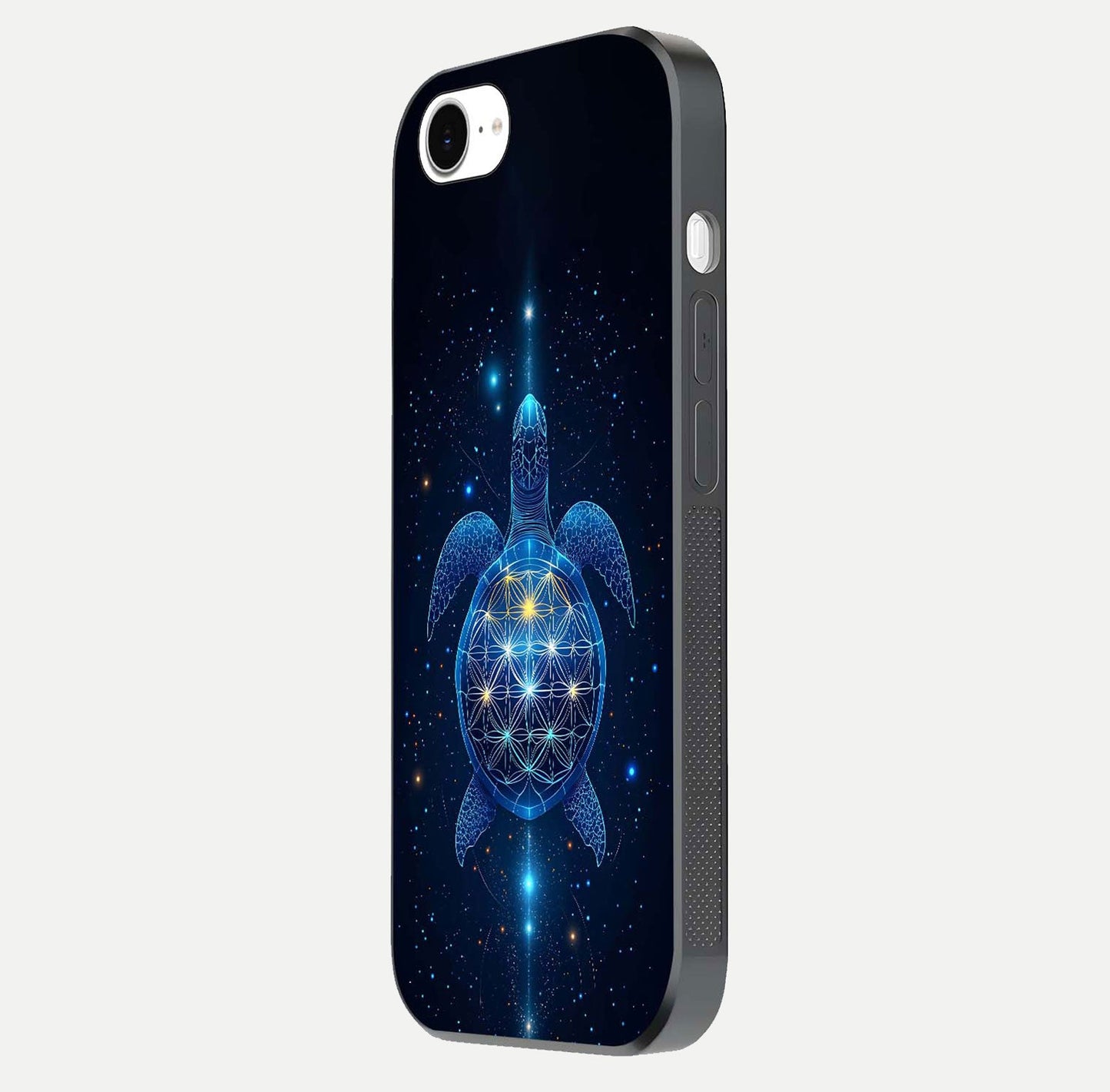Crimson Blue Turtle Glass Case for iPhone 16e side-angle photo showing curved edge and glass gloss